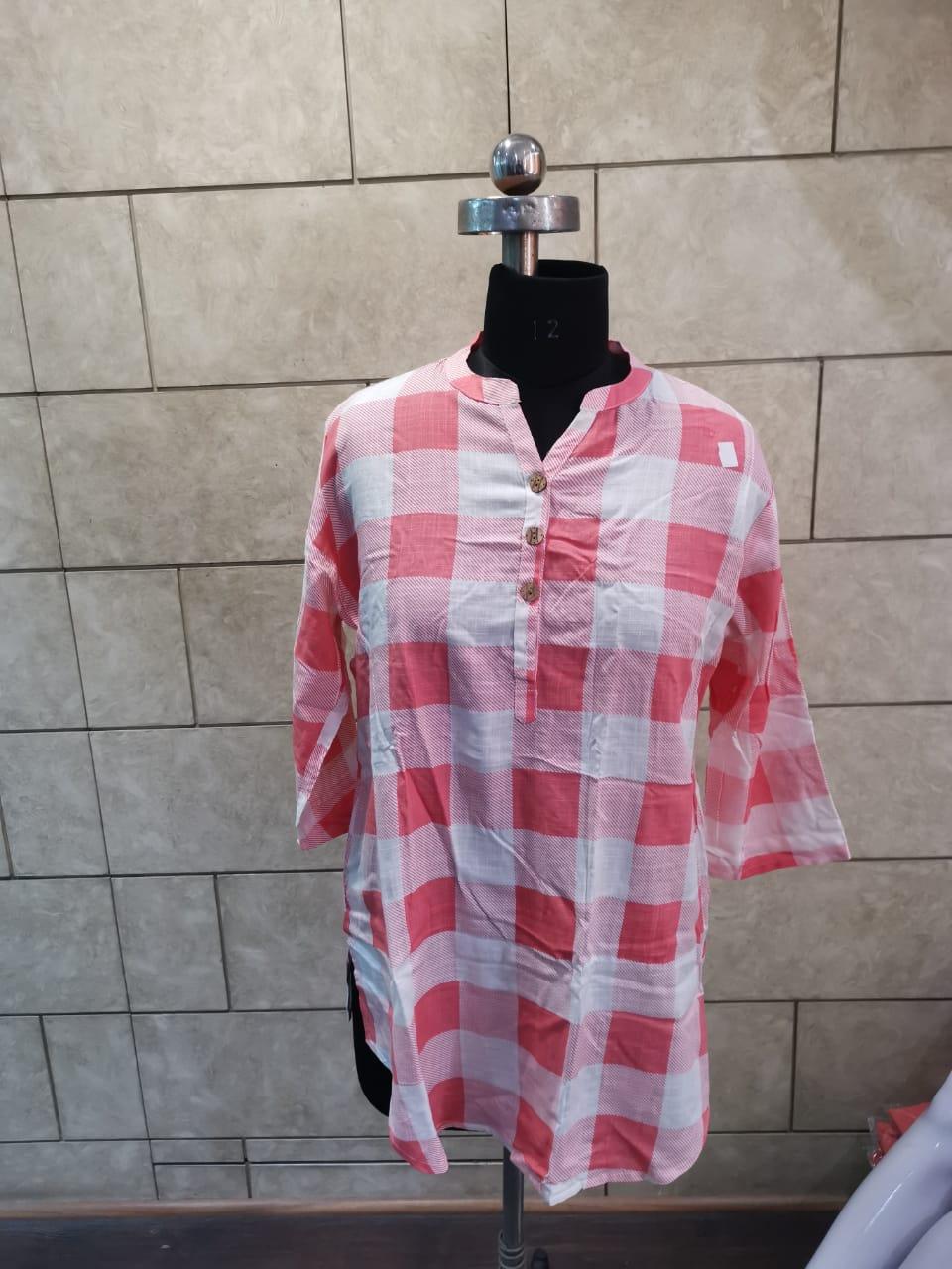 Red Checks Printed Rayon Top - Peachmode