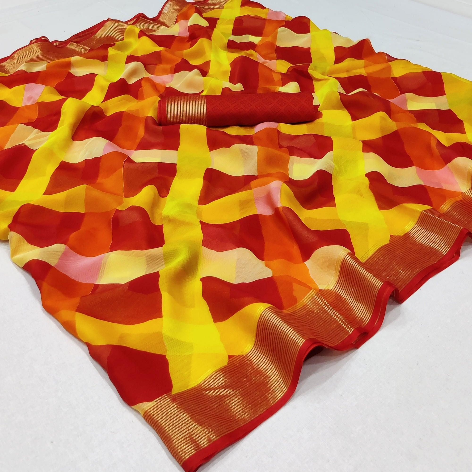 Red Cheks Printed Chiffon Saree - Peachmode