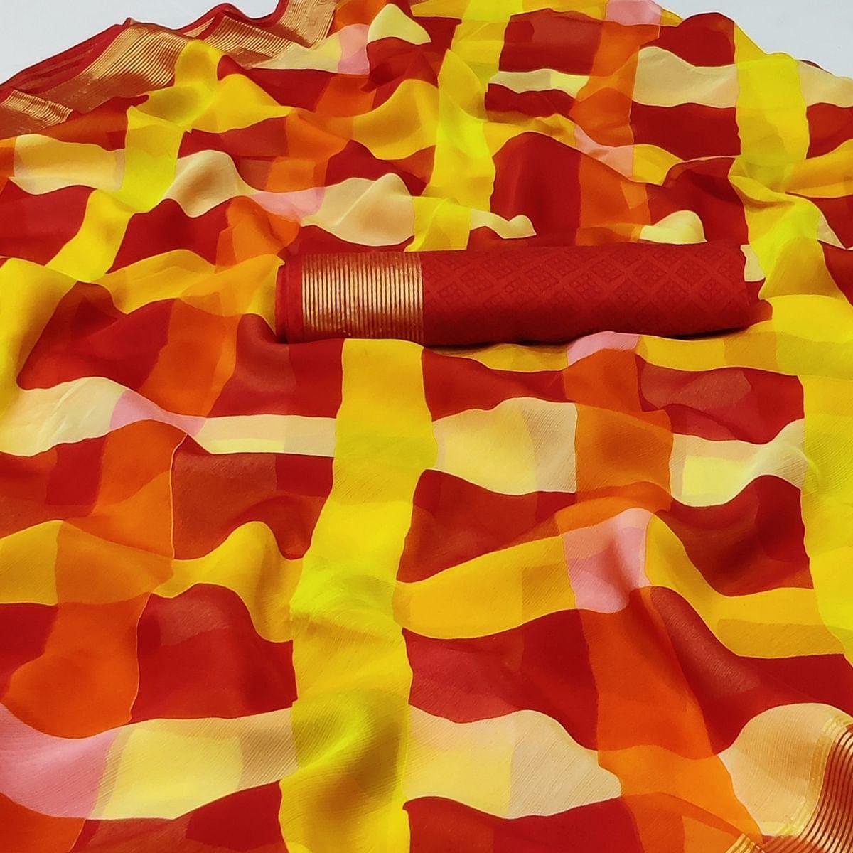 Red Cheks Printed Chiffon Saree - Peachmode