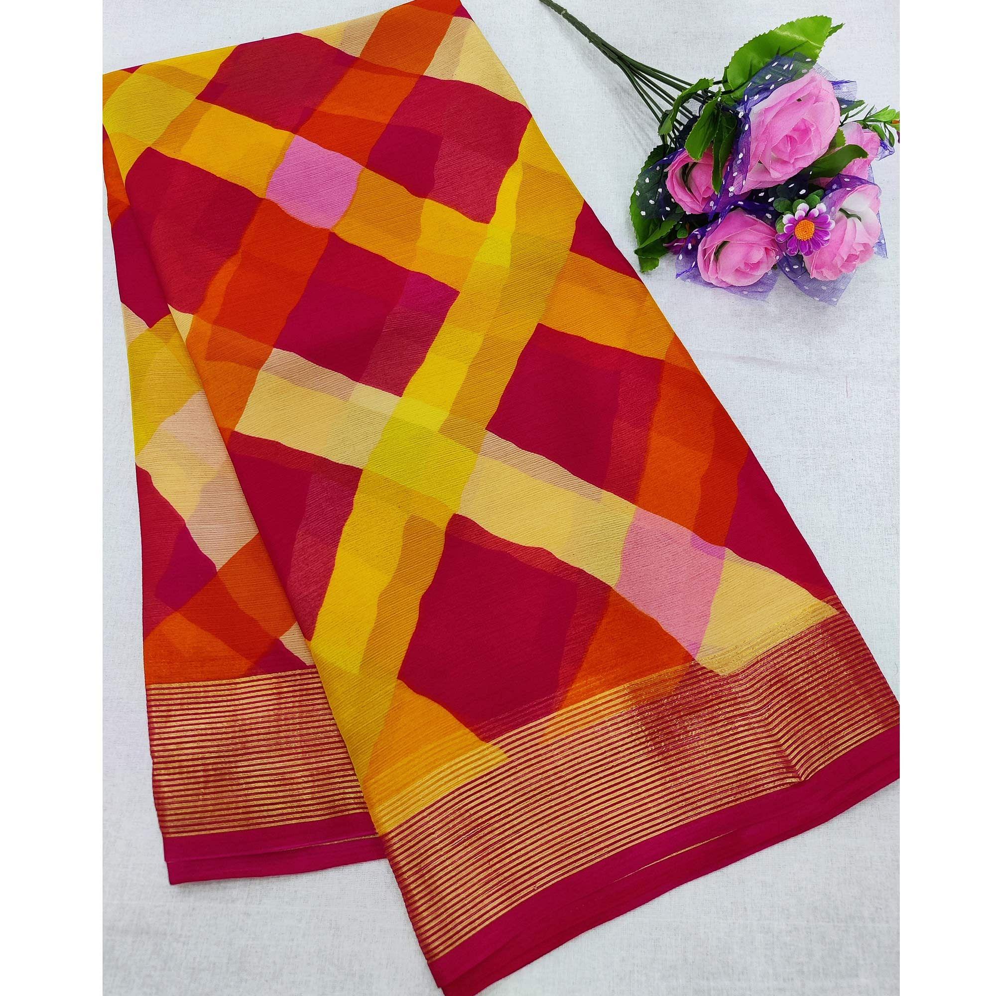 Red Cheks Printed Chiffon Saree - Peachmode