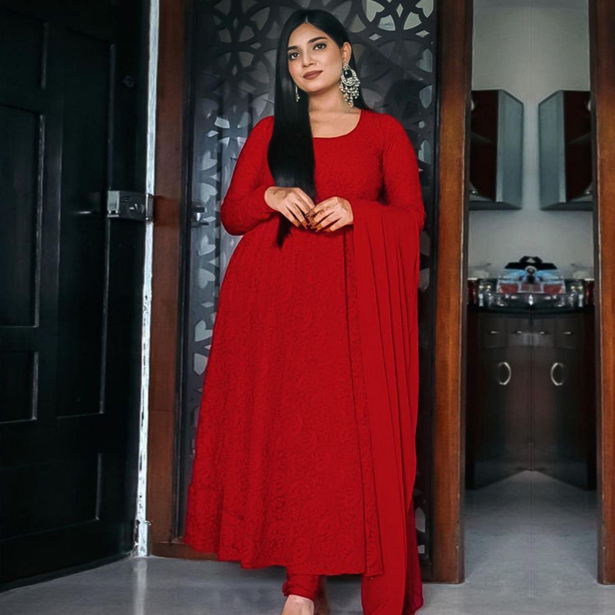 Red Chikankari Work Floor Touch Georgette Partywear Gown - Peachmode