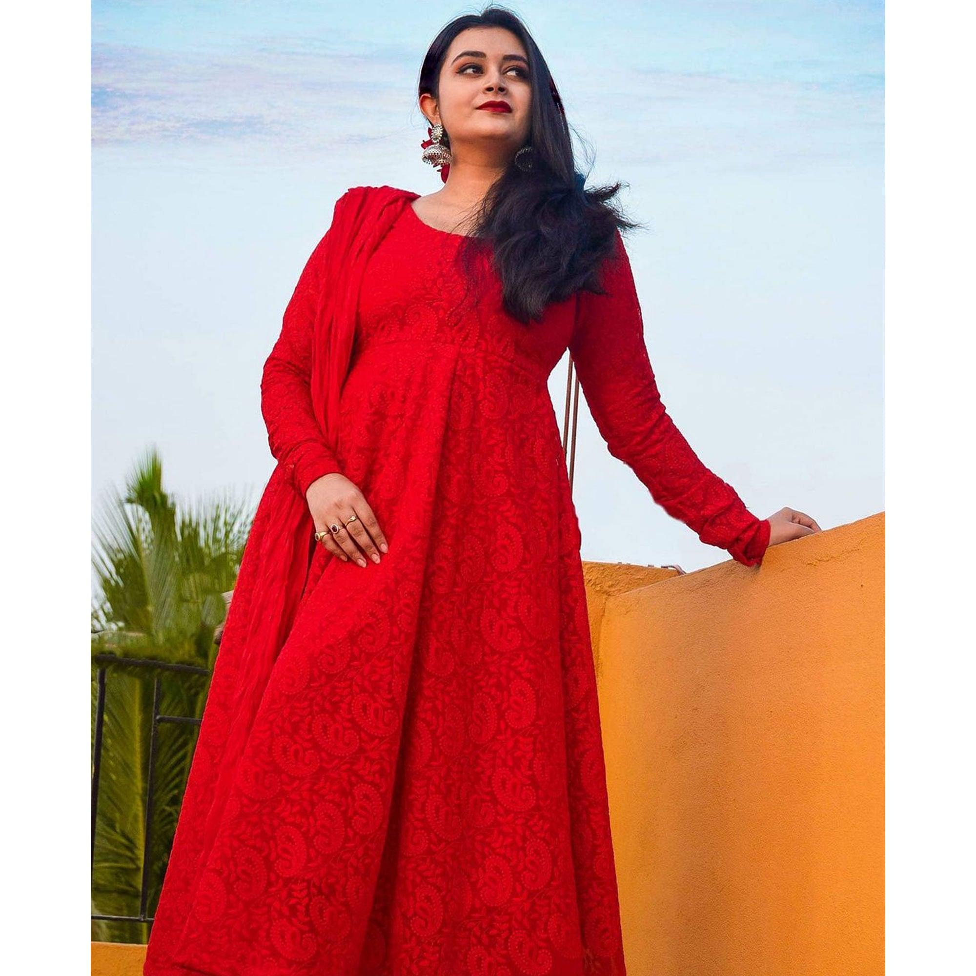 Red Chikankari Work Floor Touch Georgette Partywear Gown - Peachmode