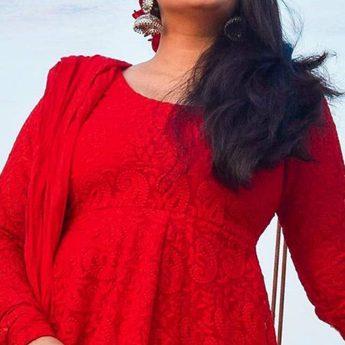 Red Chikankari Work Floor Touch Georgette Partywear Gown - Peachmode