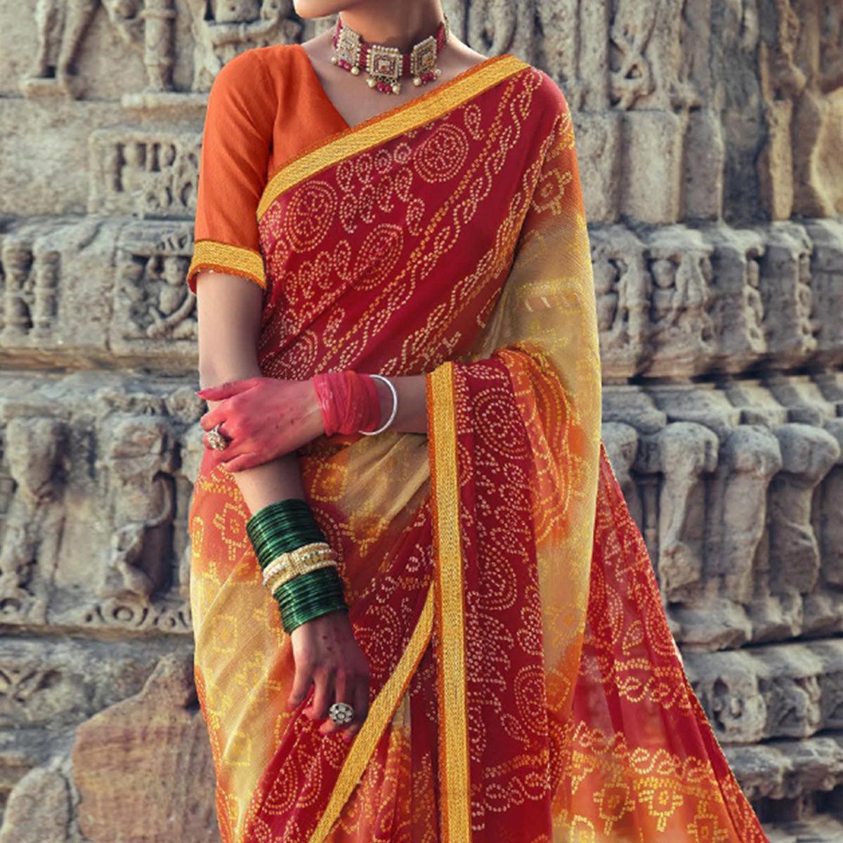 Red-Cream Bandhani Printed With Fancy Border Chiffon Saree - Peachmode