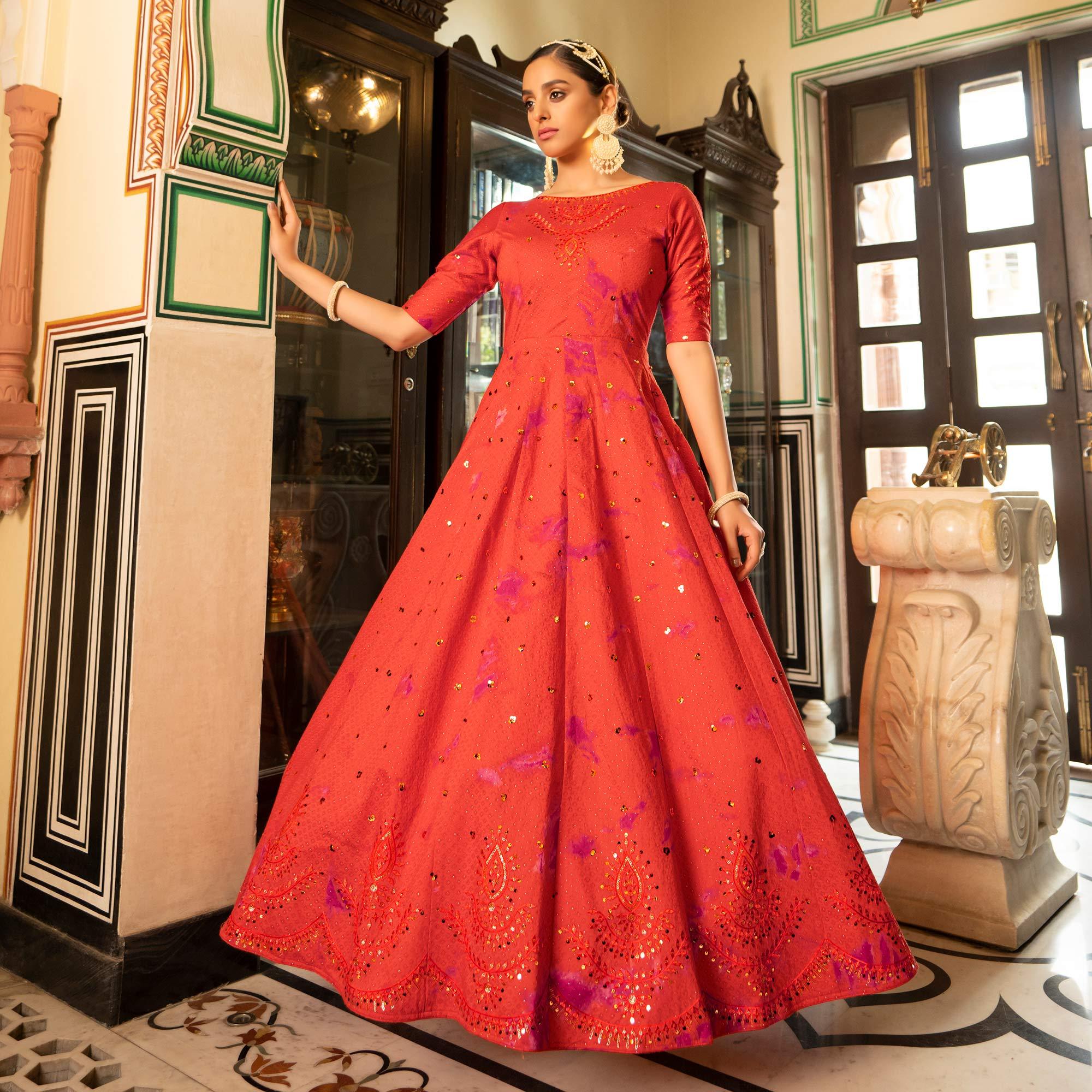 Red Digital Printed With Sequence Embroidered Poly Cotton Gown - Peachmode