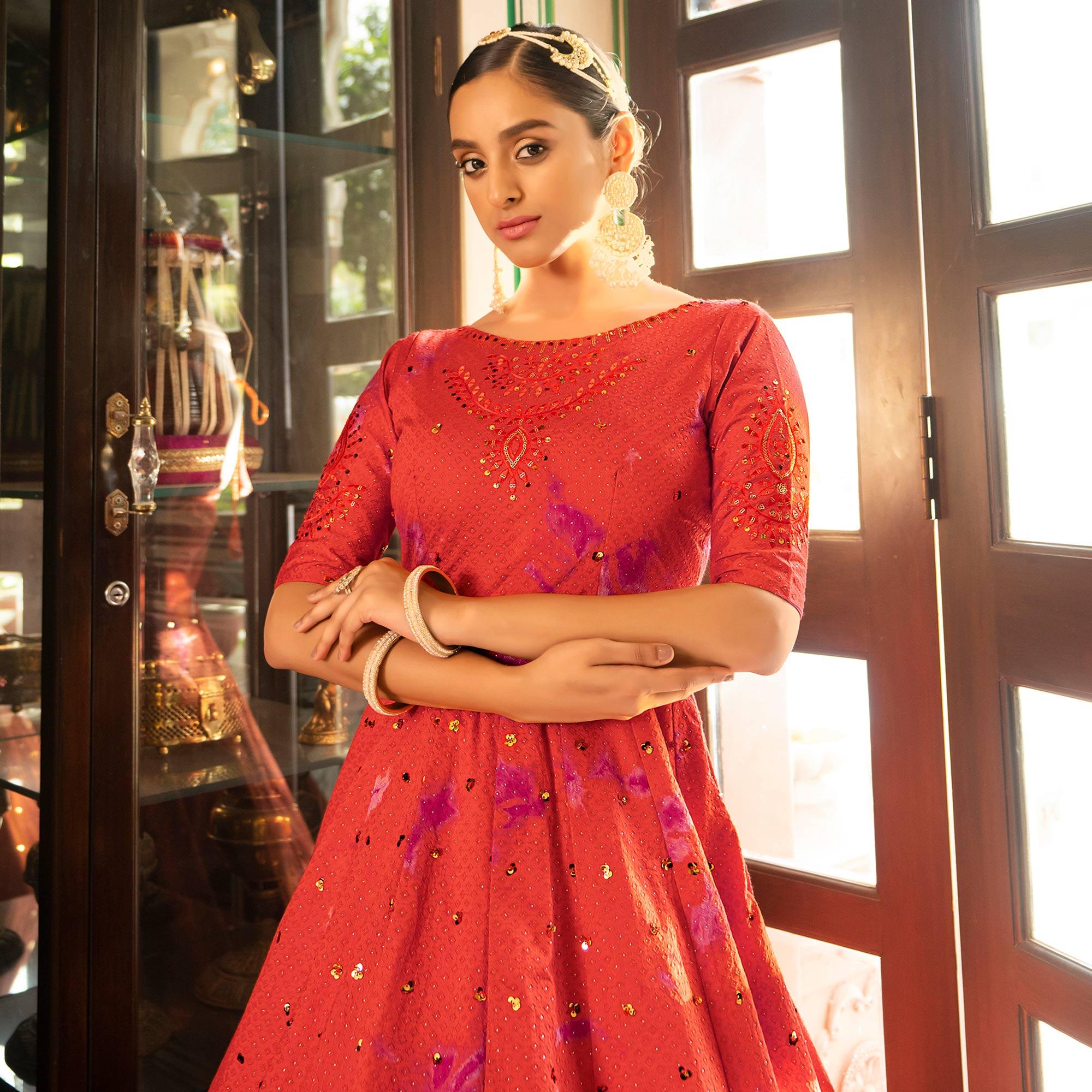 Red Digital Printed With Sequence Embroidered Poly Cotton Gown - Peachmode