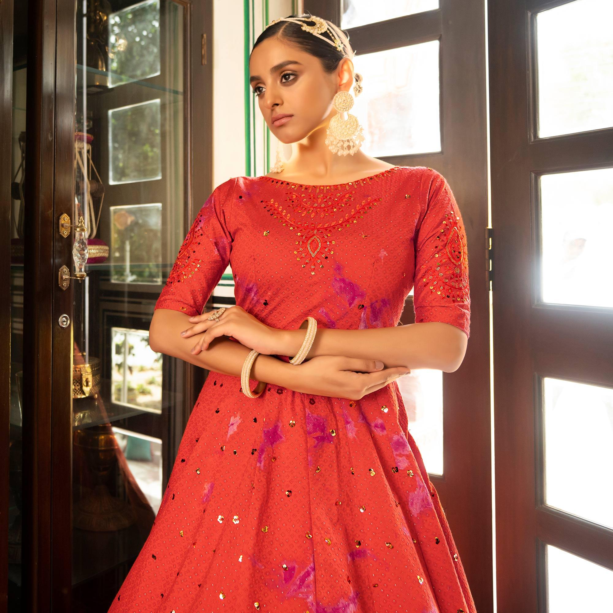 Red Digital Printed With Sequence Embroidered Poly Cotton Gown - Peachmode