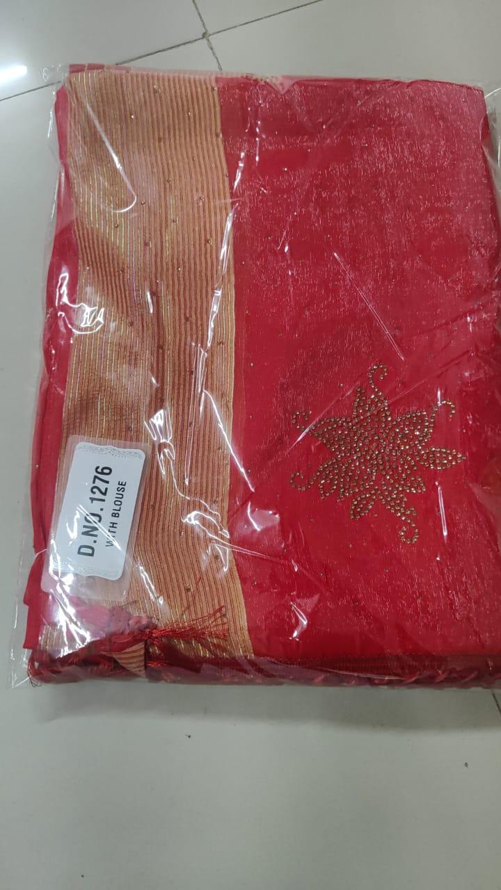 Red Embellished Georgette Saree With Tassels - Peachmode
