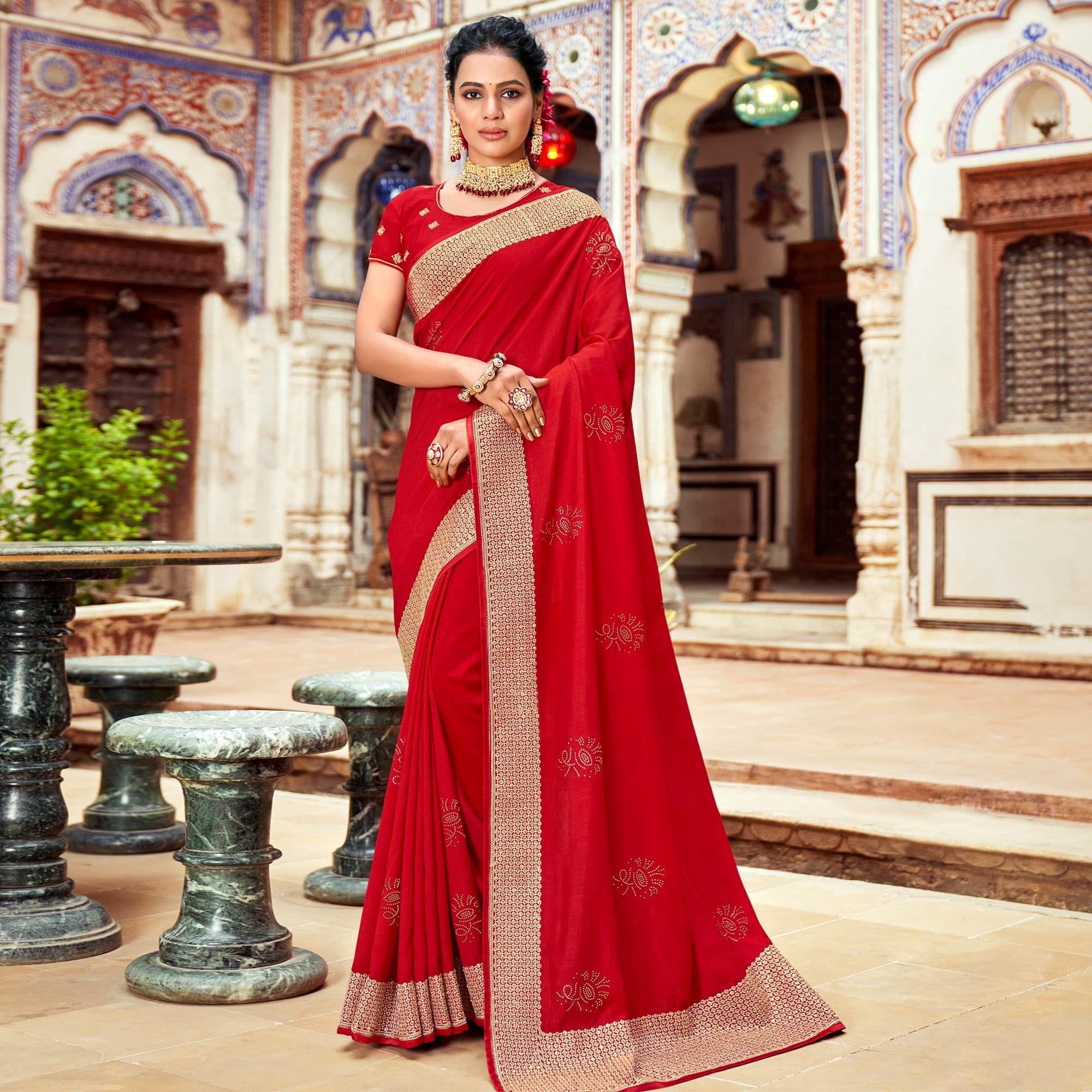 Red Embellished Vichitra Silk Saree - Peachmode