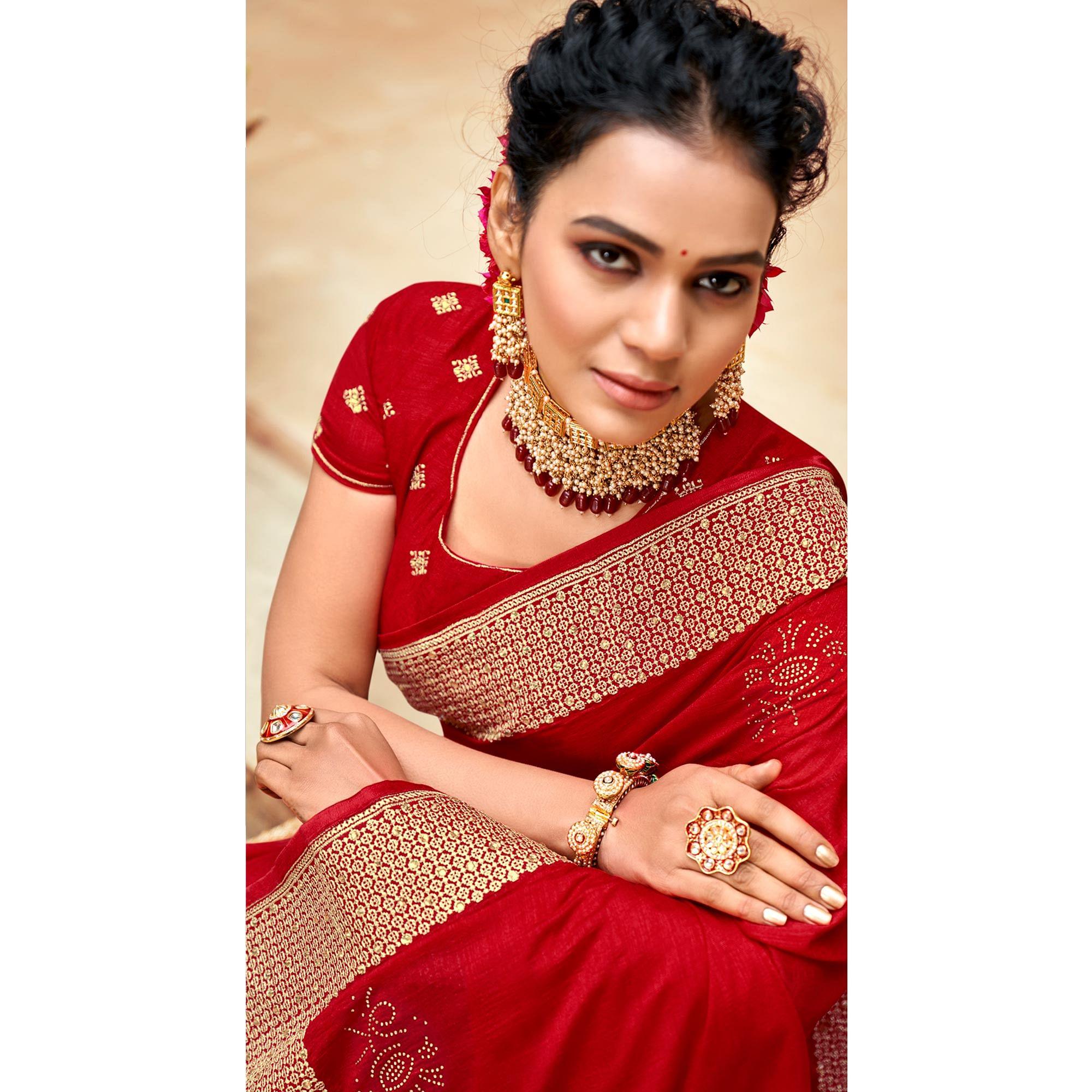 Red Embellished Vichitra Silk Saree - Peachmode