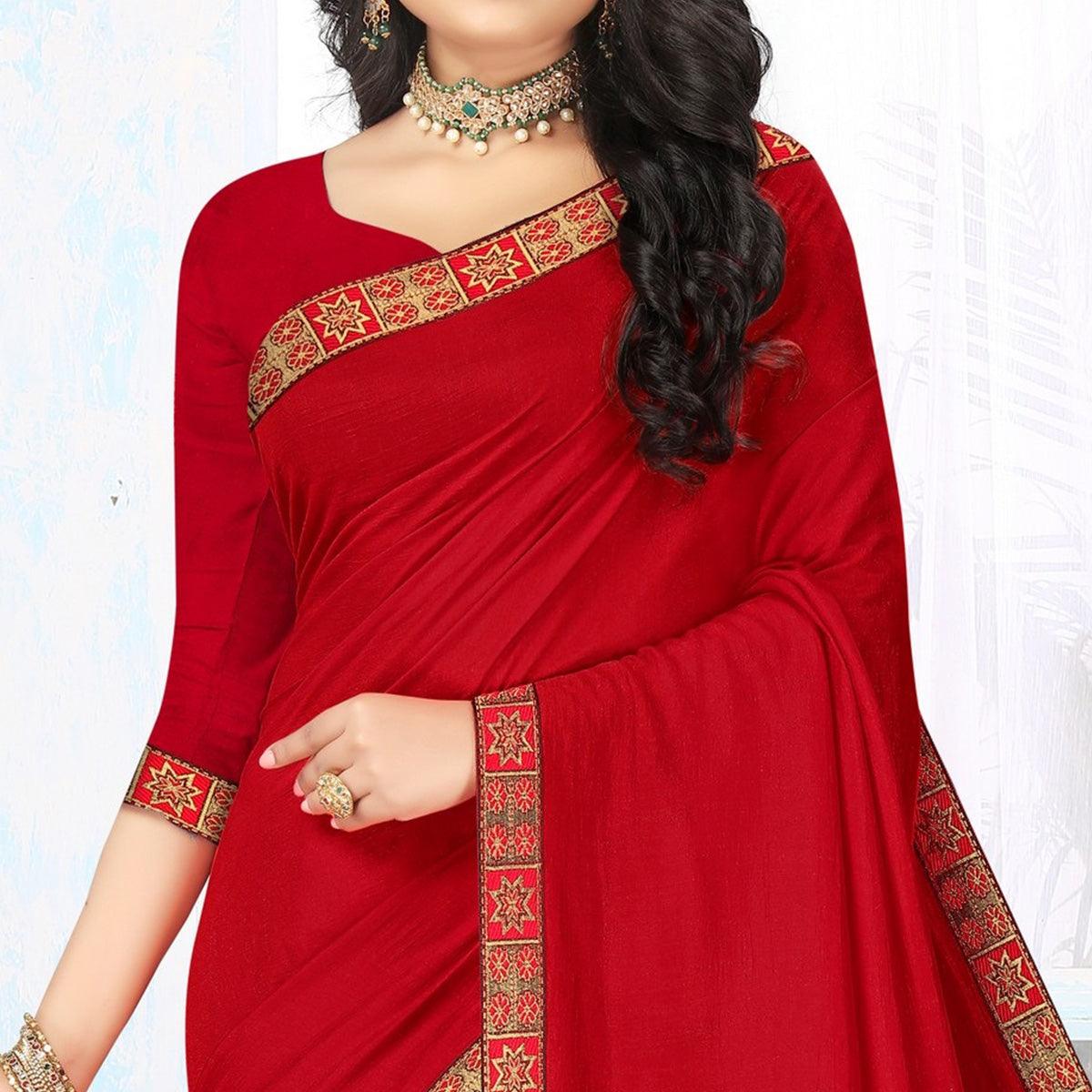 Red Embellished Vichitra Silk Saree - Peachmode