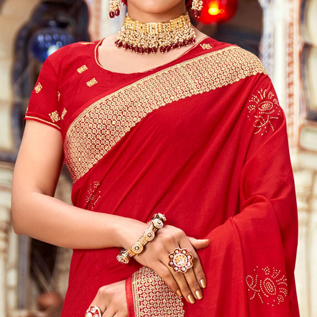 Red Embellished Vichitra Silk Saree - Peachmode