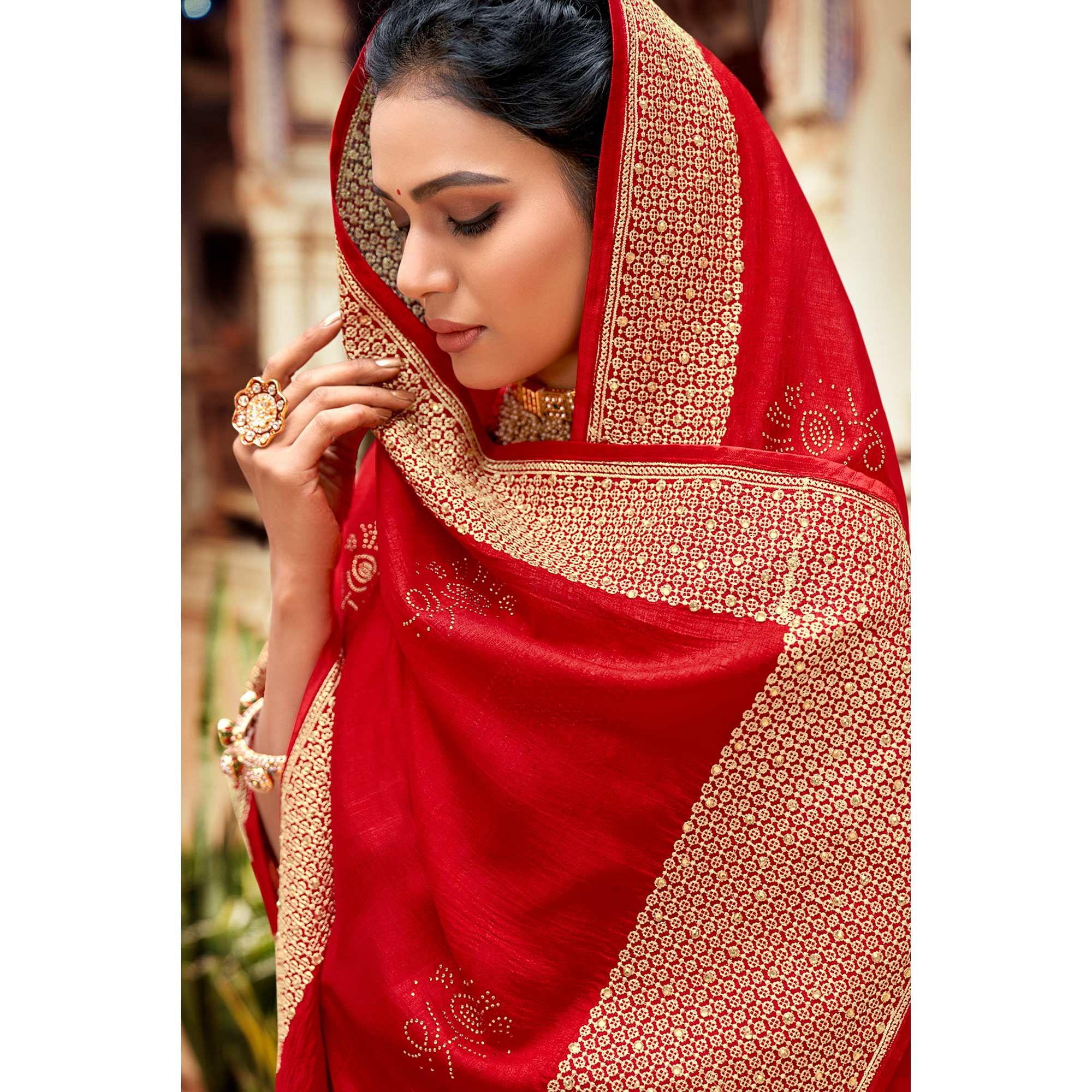 Red Embellished Vichitra Silk Saree - Peachmode