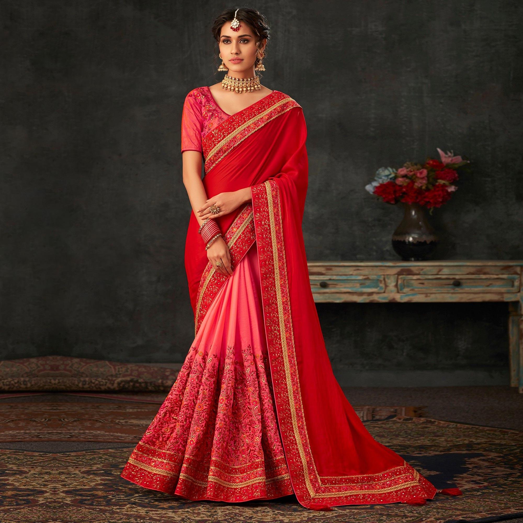 Red Embellished With Embroidered Art Silk Half and Half Saree - Peachmode