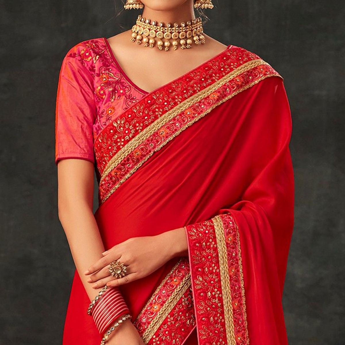 Red Embellished With Embroidered Art Silk Half and Half Saree - Peachmode