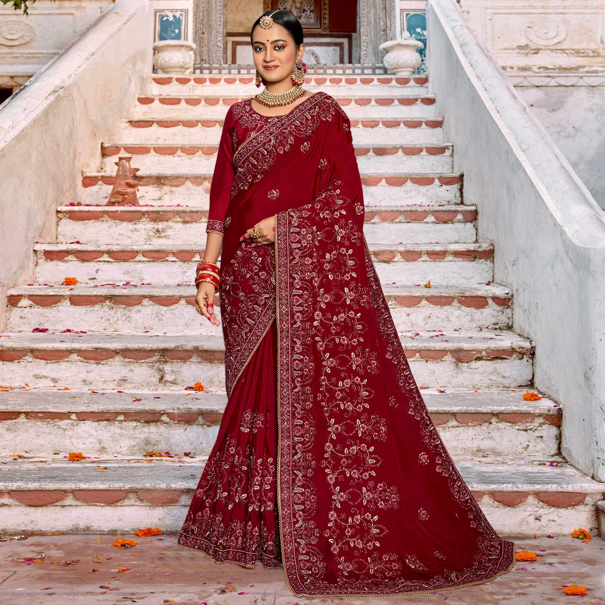 Red Embellished With Embroidered Art Silk Saree - Peachmode