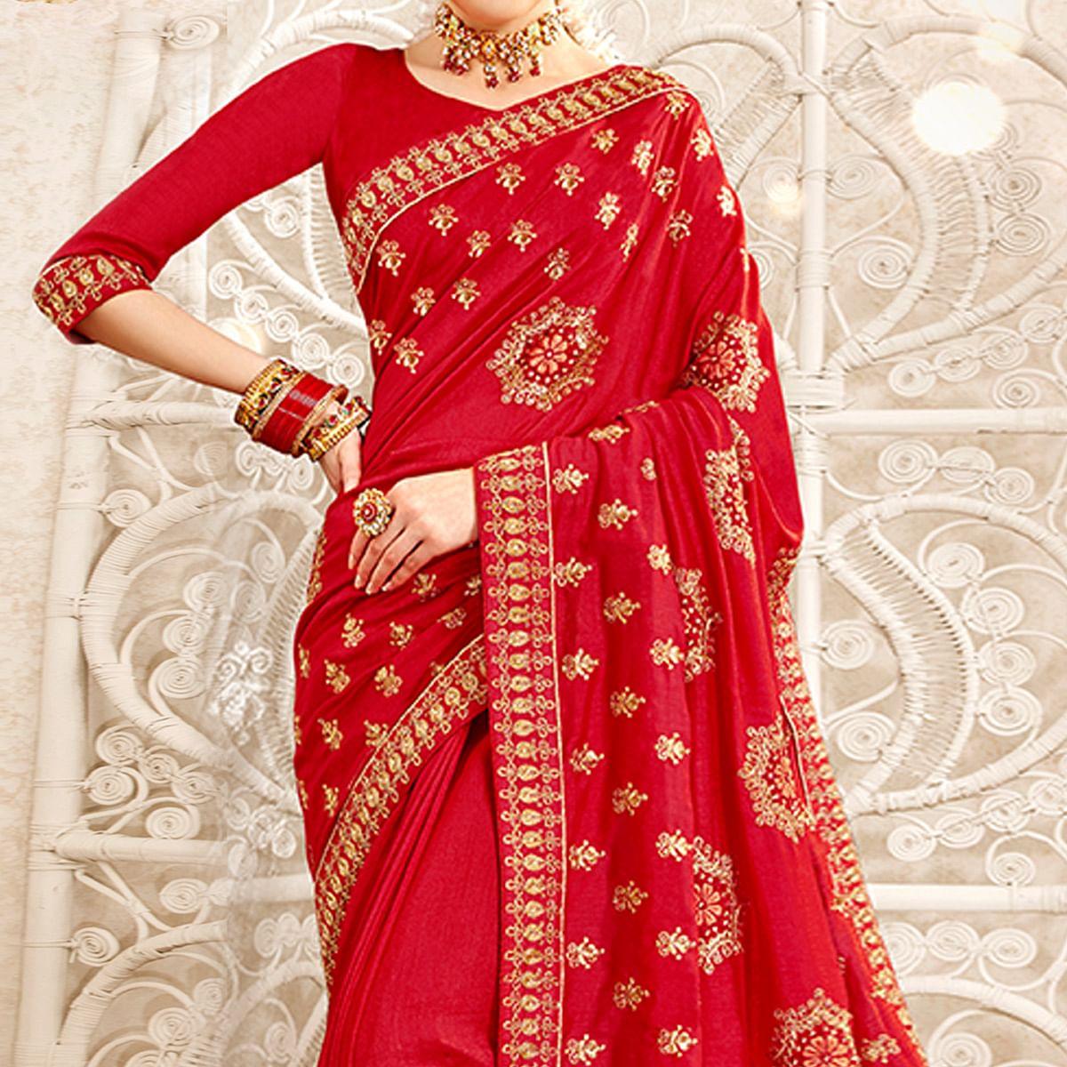 Red Embellished With Embroidered Art Silk Saree - Peachmode