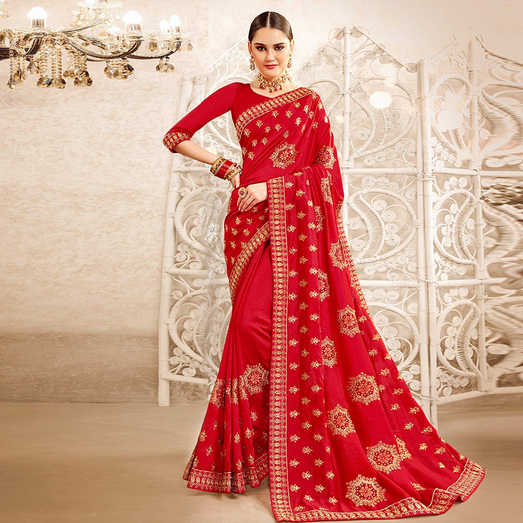 Red Embellished With Embroidered Art Silk Saree - Peachmode