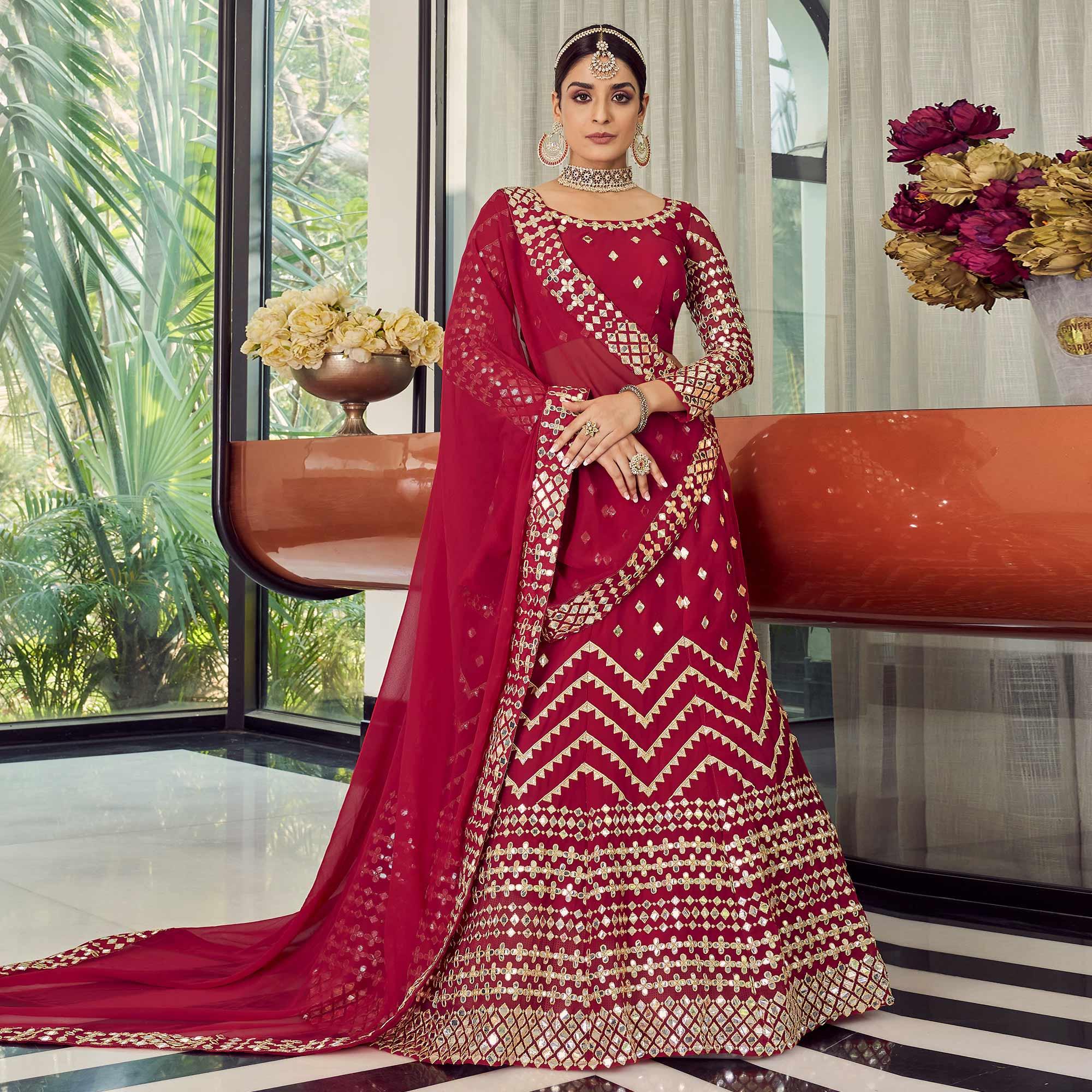 Red Embellished With Embroidered Georgette Lehenga Choli - Peachmode