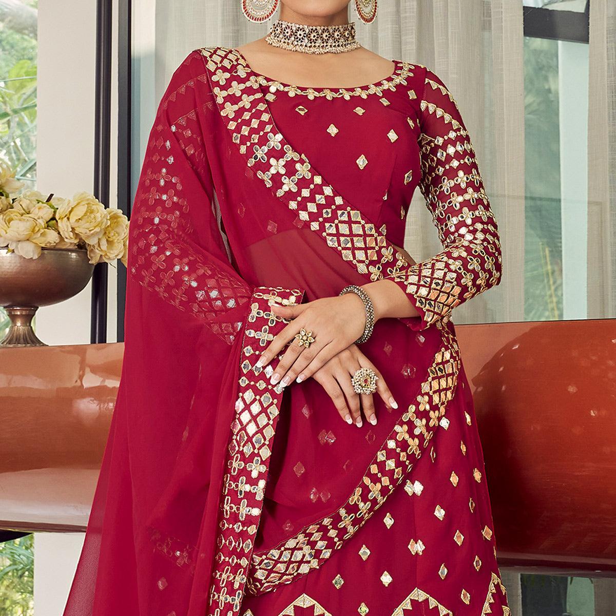 Red Embellished With Embroidered Georgette Lehenga Choli - Peachmode