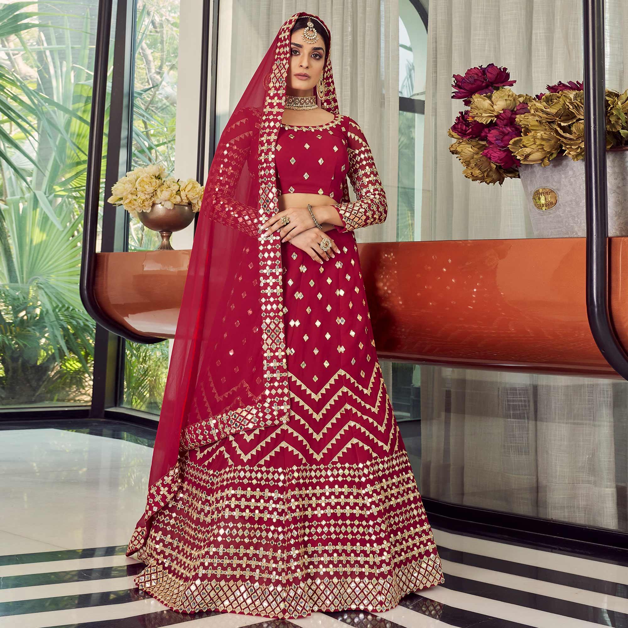 Red Embellished With Embroidered Georgette Lehenga Choli - Peachmode