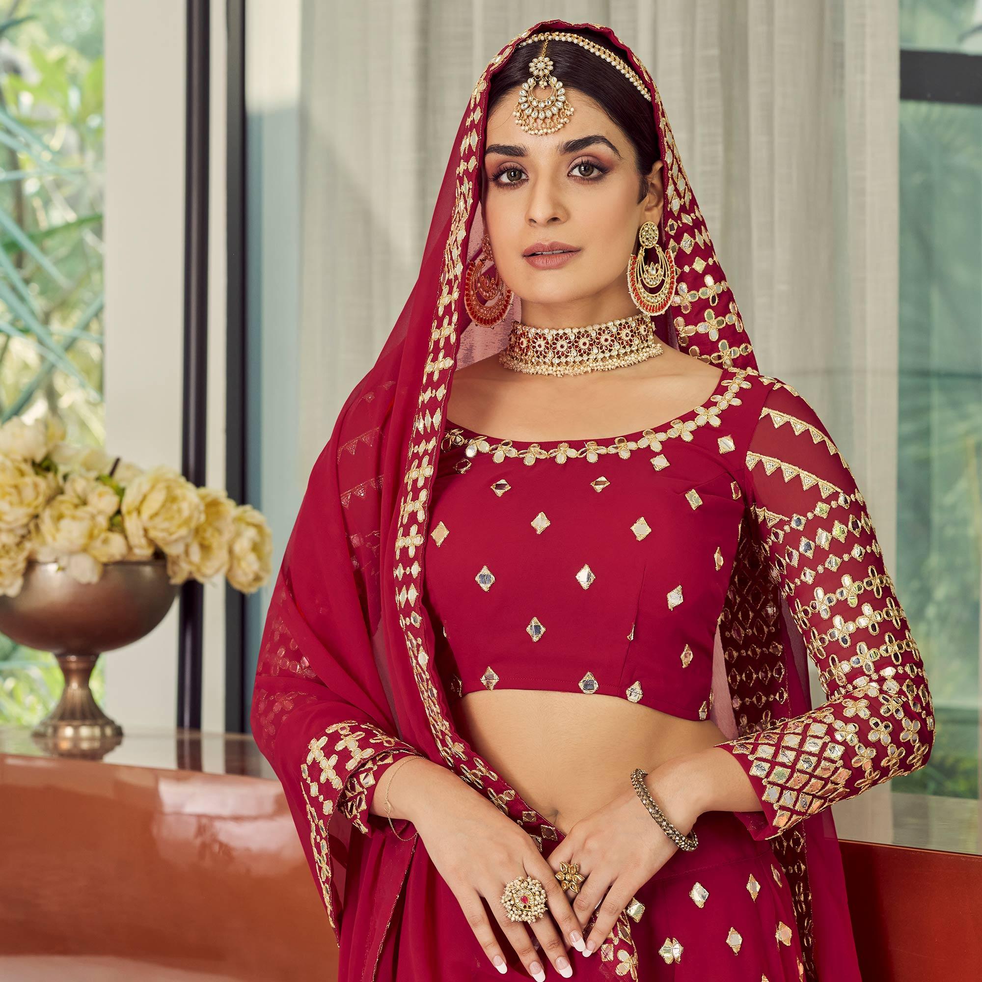 Red Embellished With Embroidered Georgette Lehenga Choli - Peachmode