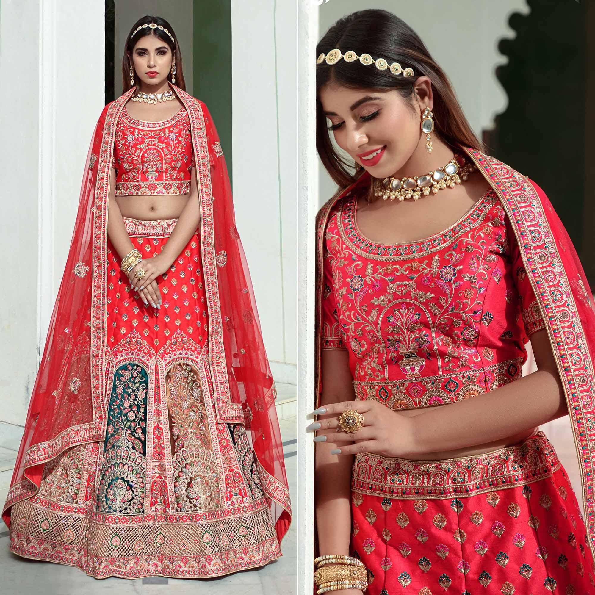 Red Embellished With Embroidered Velvet Lehenga Choli - Peachmode
