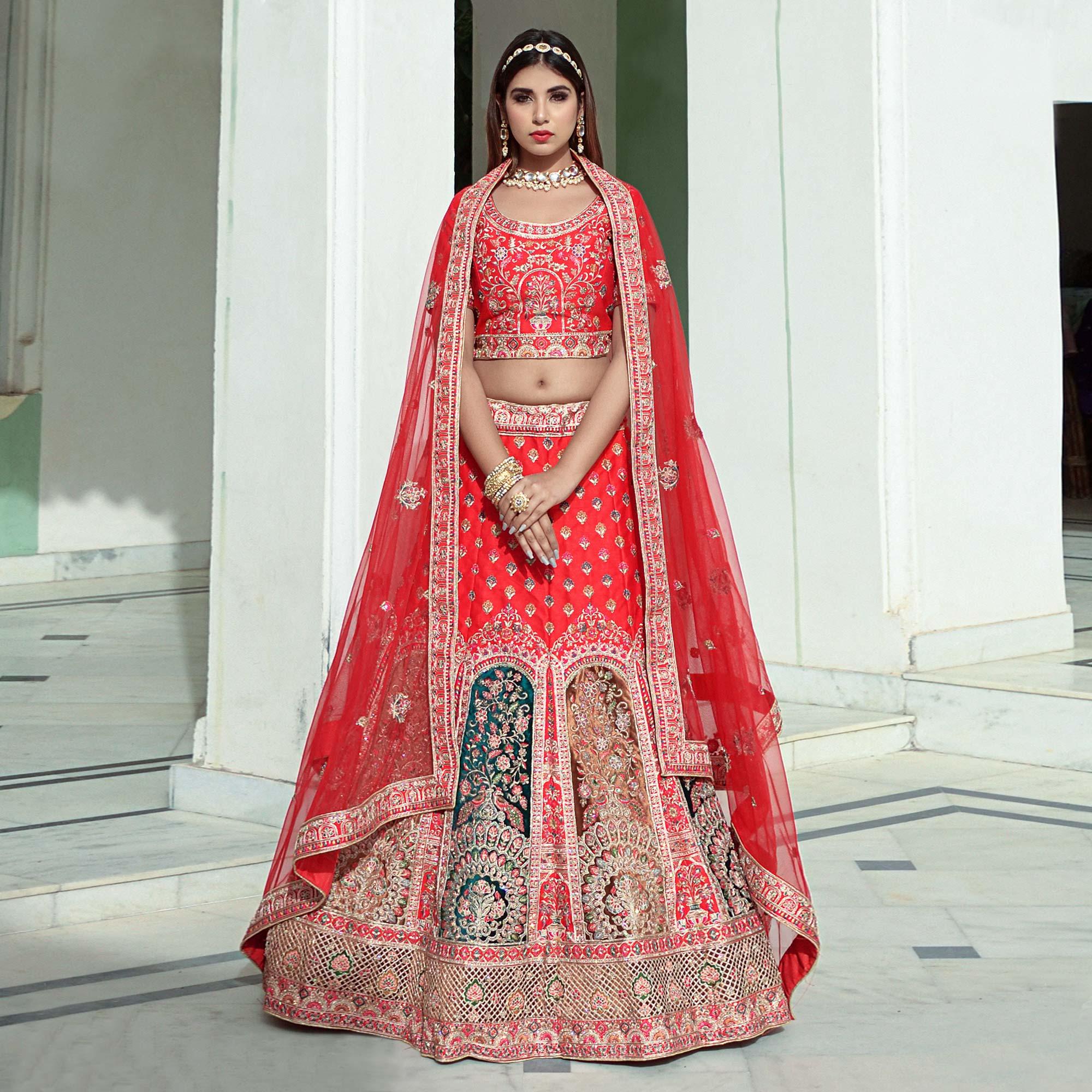 Red Embellished With Embroidered Velvet Lehenga Choli - Peachmode
