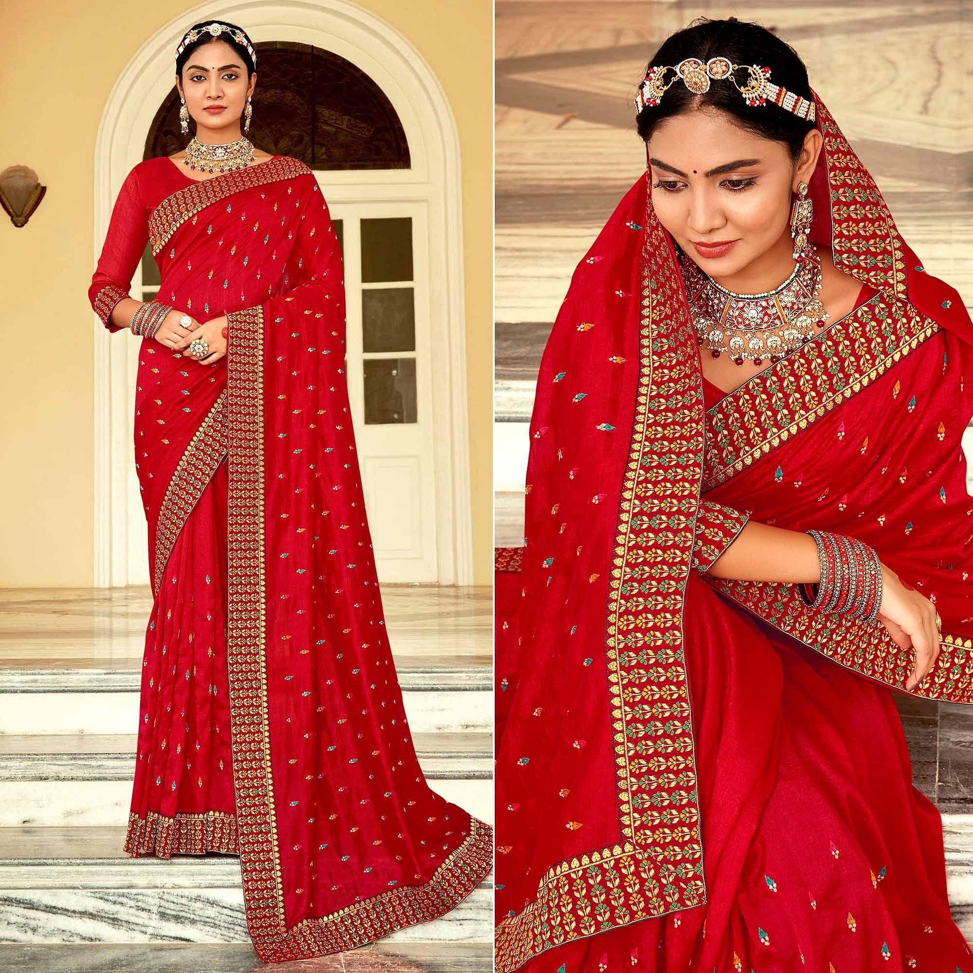 Red Embellished With Embroidered Vichitra Silk Saree - Peachmode