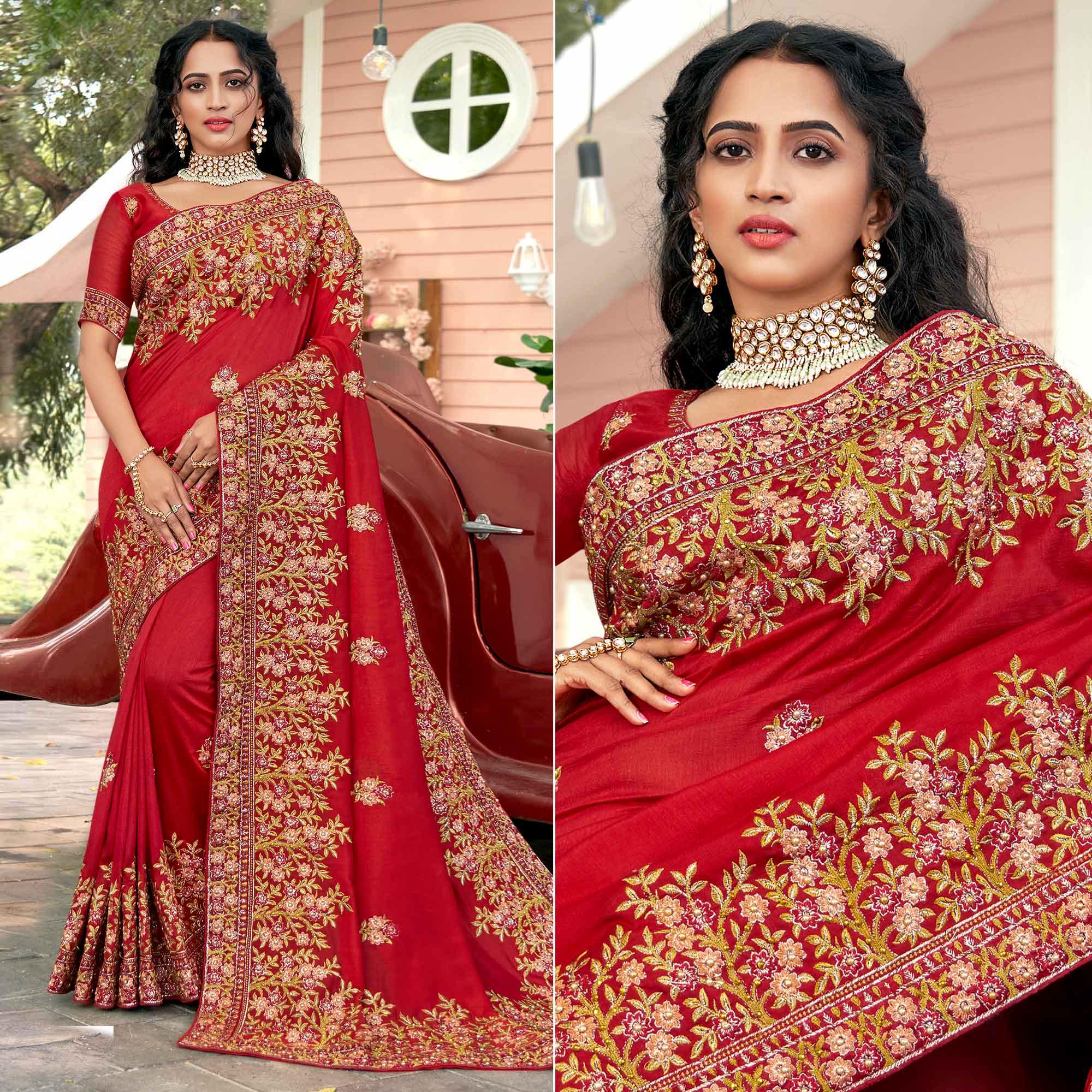 Red Embellished With Embroidered Vichitra Silk Saree - Peachmode