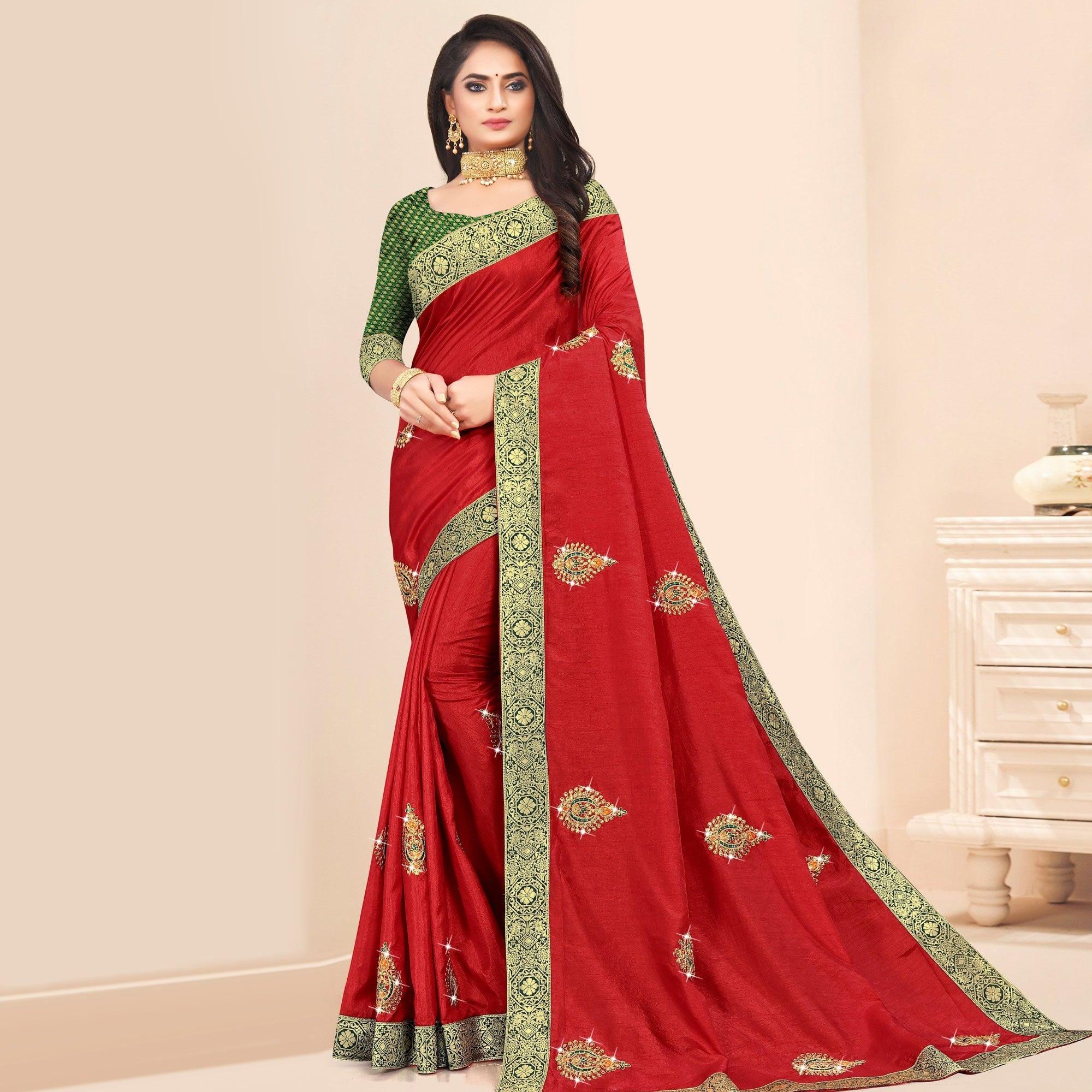 Red Embellished With Embroidered Vichitra Silk Saree - Peachmode