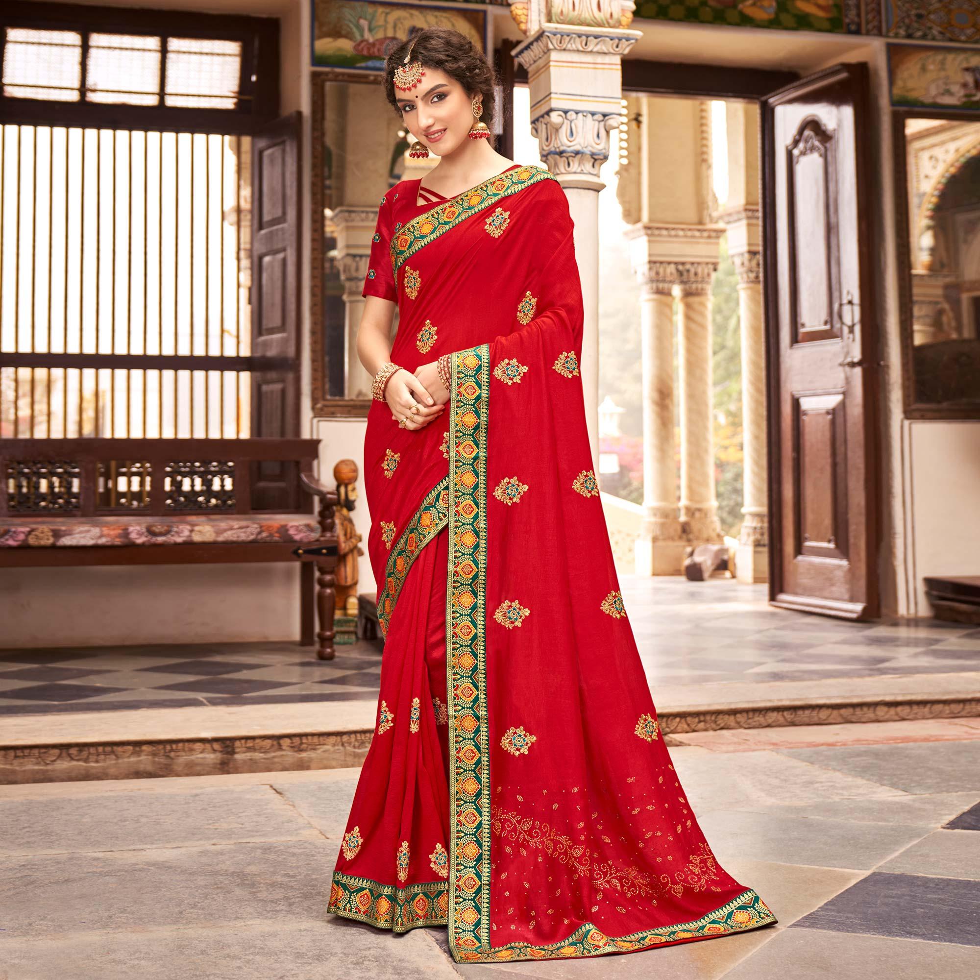 Red Embellished With Embroidered Vichitra Silk Saree - Peachmode