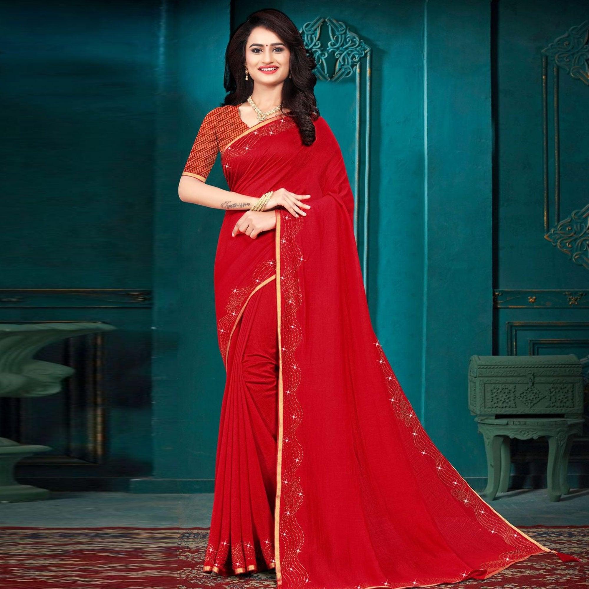 Red Embellished With Embroidered Vichitra Silk Saree - Peachmode