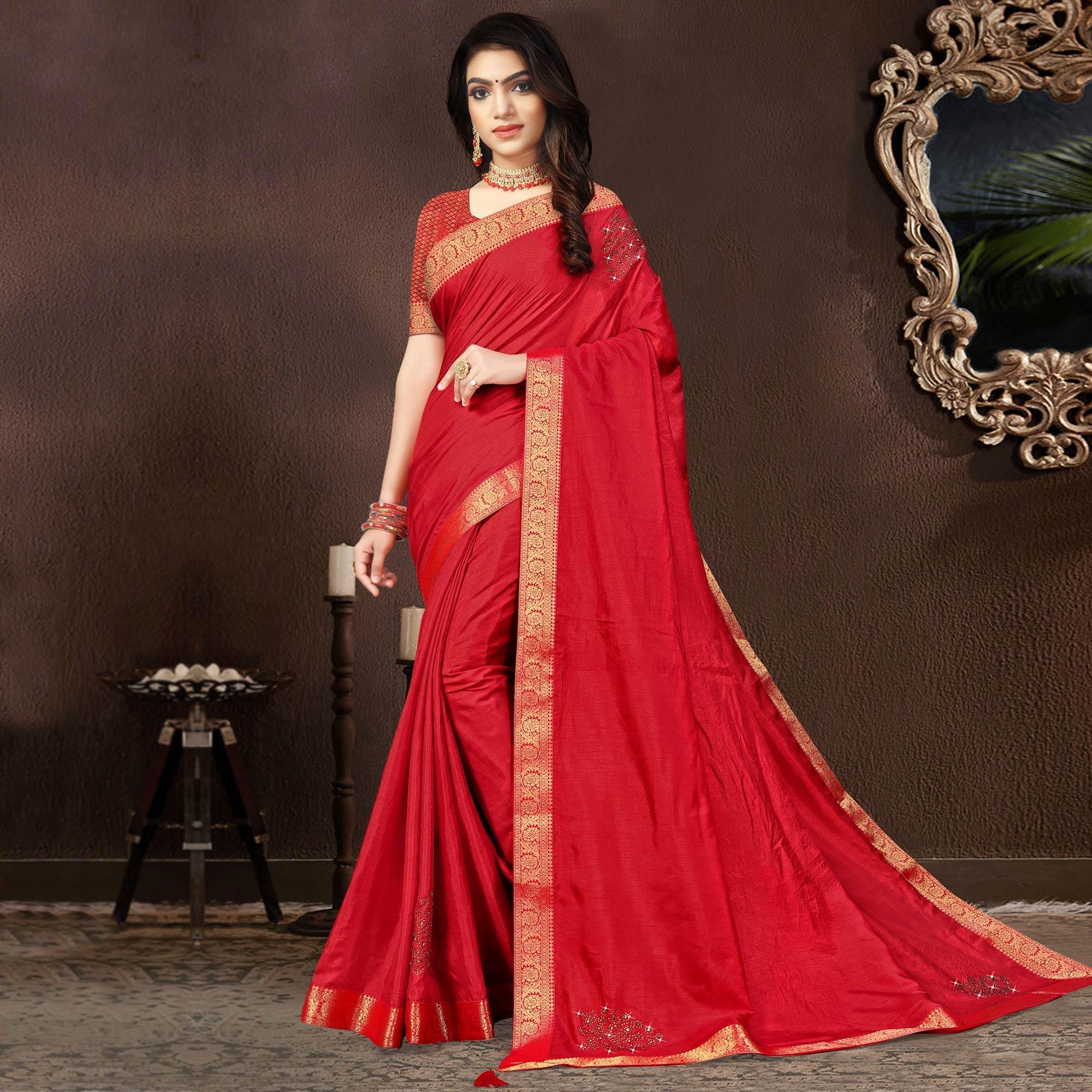 Red Embellished With Embroidered Vichitra Silk Saree - Peachmode