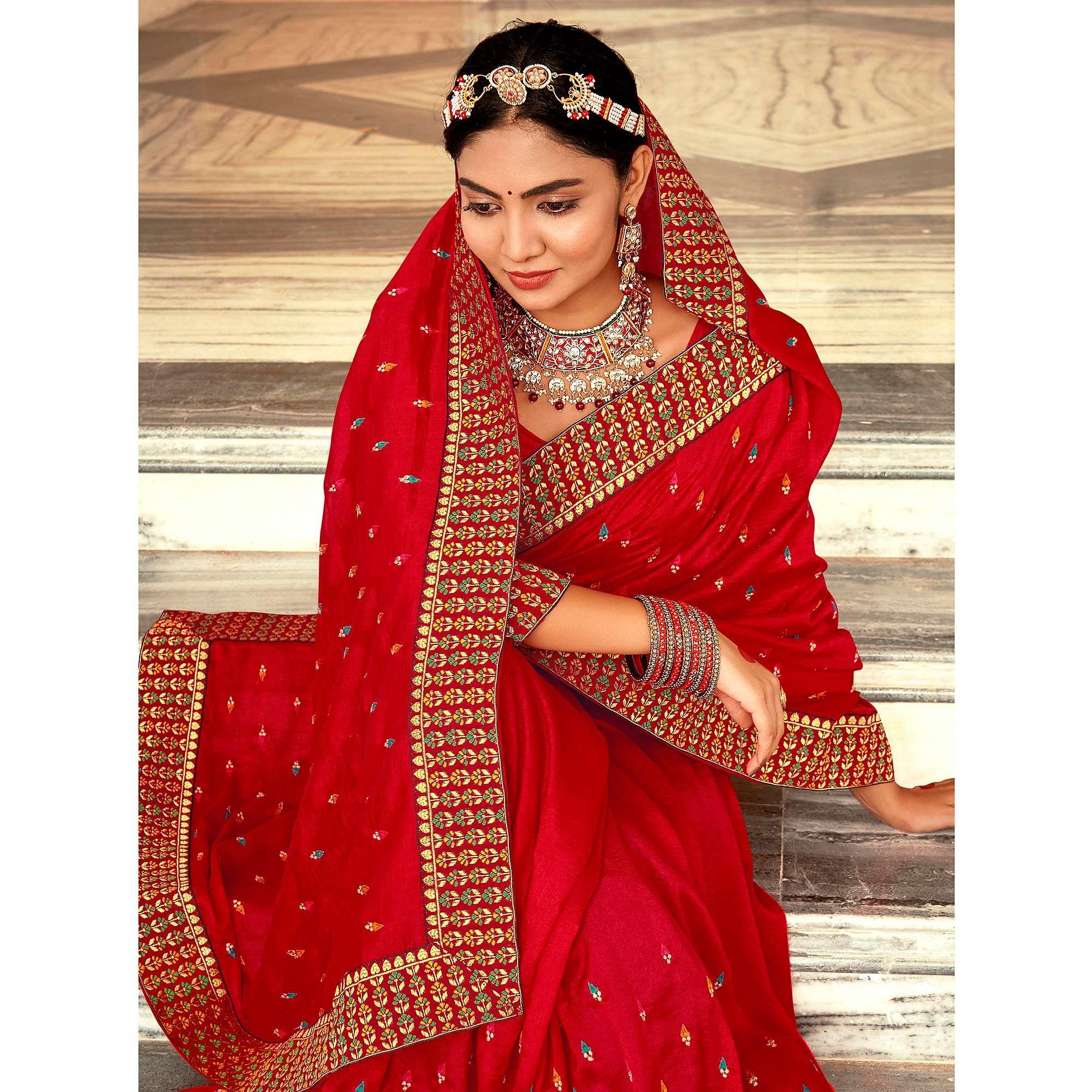 Red Embellished With Embroidered Vichitra Silk Saree - Peachmode