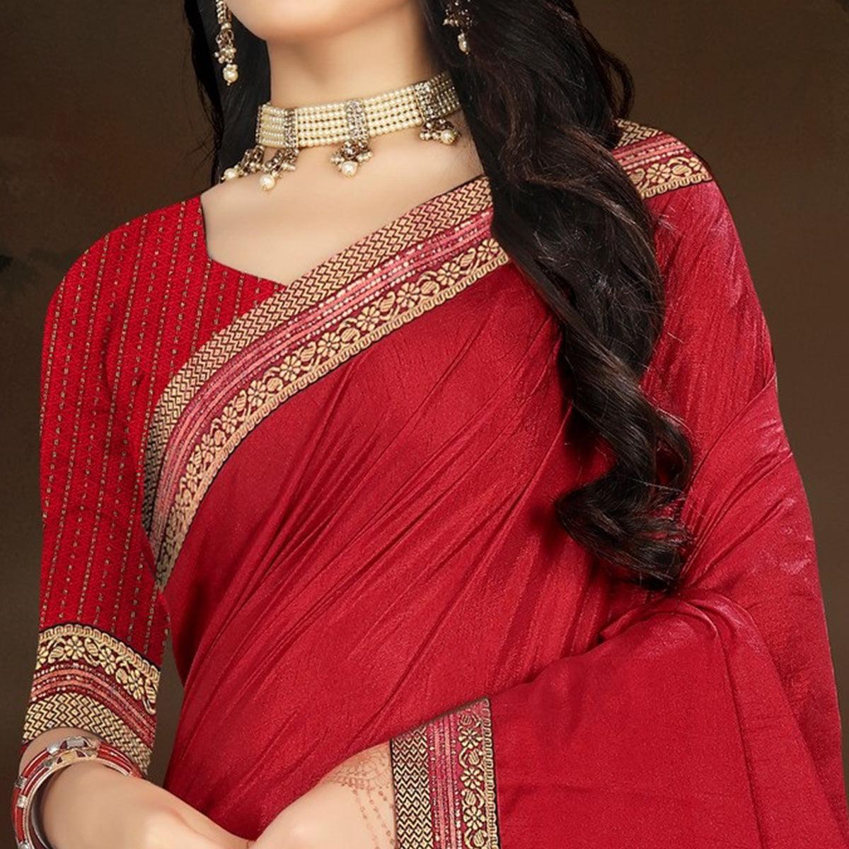 Red Embellished With Embroidered Vichitra Silk Saree - Peachmode