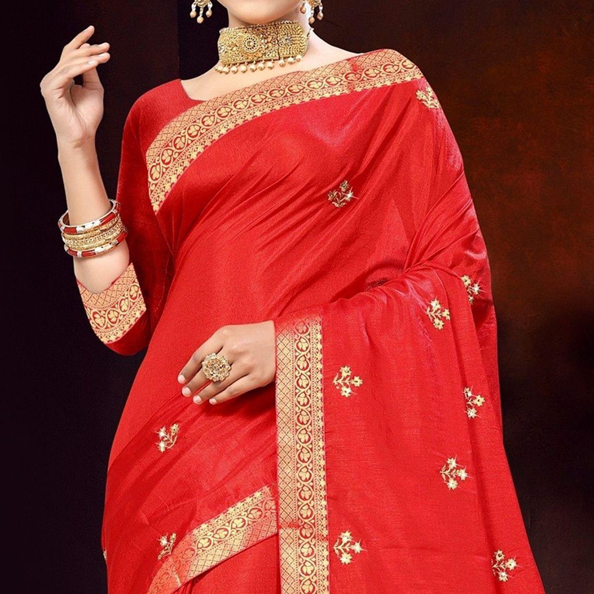 Red Embellished With Embroidered Vichitra Silk Saree - Peachmode