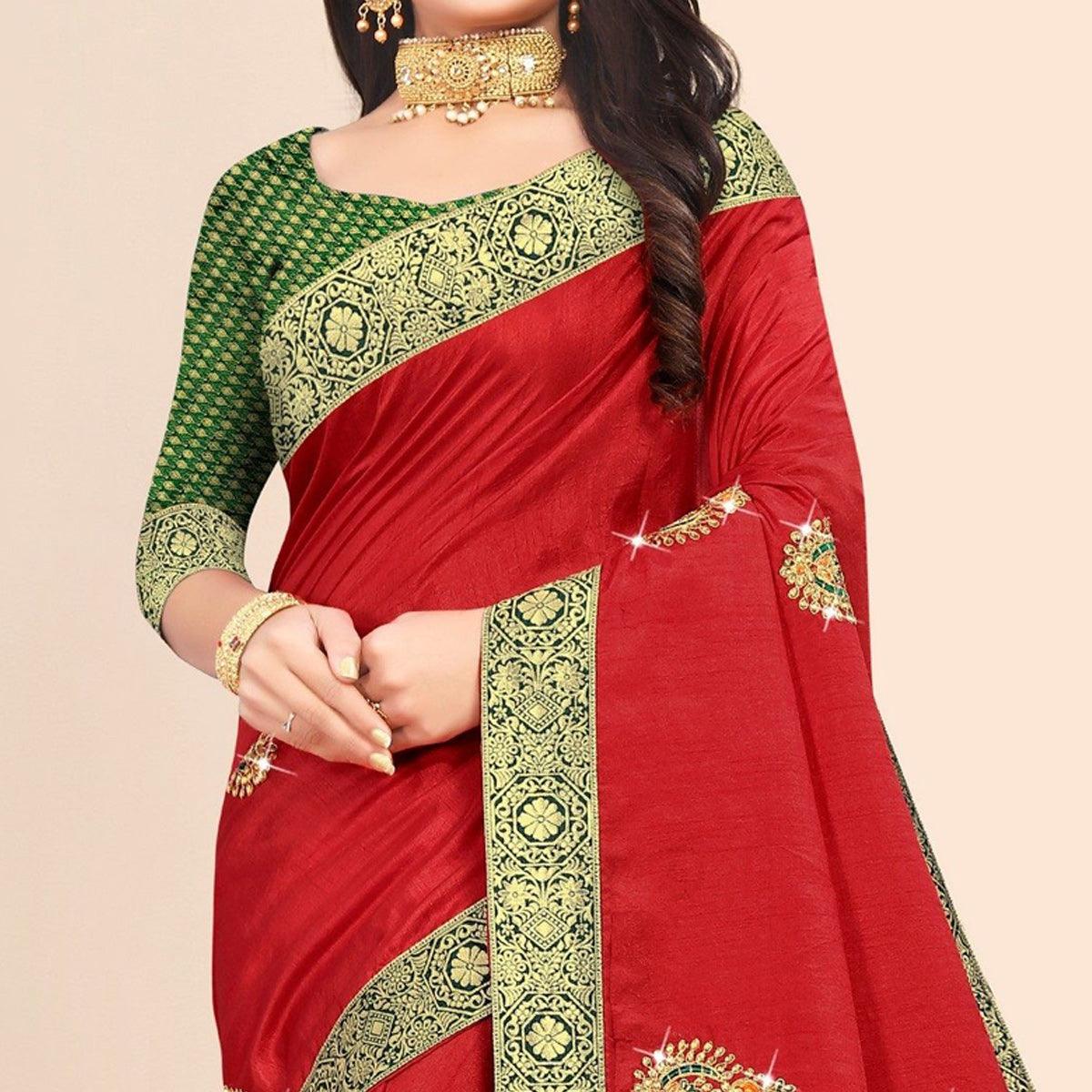 Red Embellished With Embroidered Vichitra Silk Saree - Peachmode