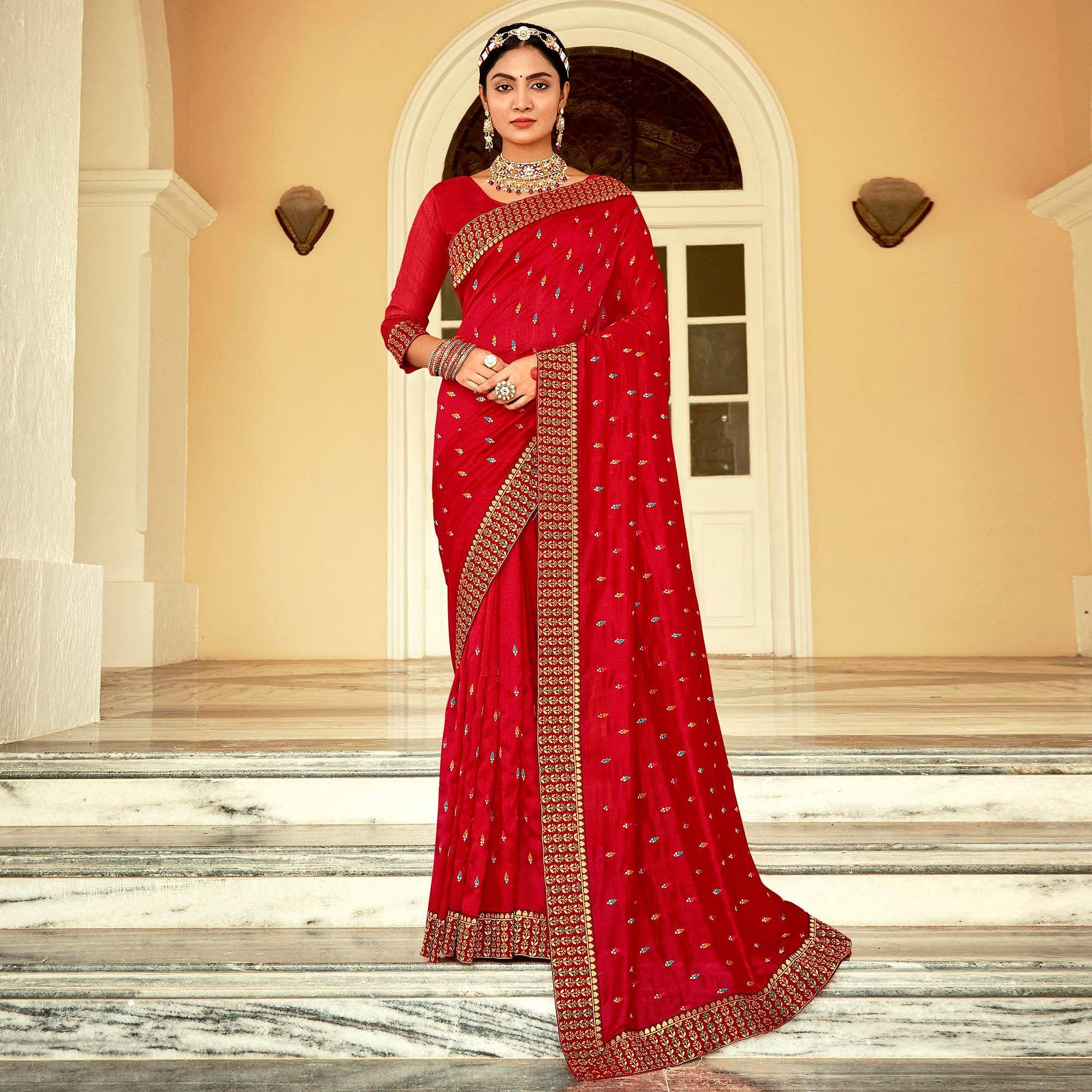 Red Embellished With Embroidered Vichitra Silk Saree - Peachmode