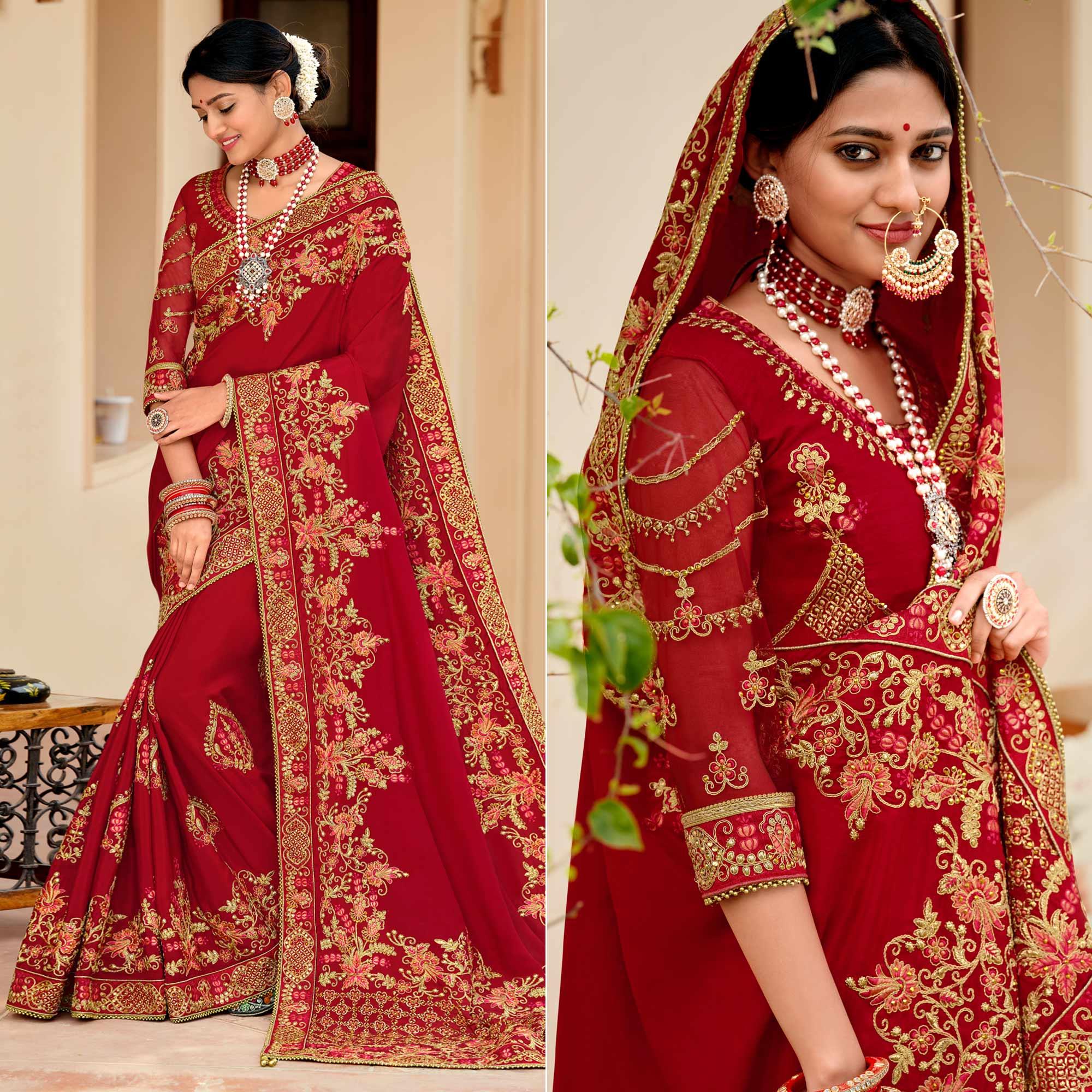 Red Embellished With Embroidered Vichitra Silk Saree With Tassels - Peachmode