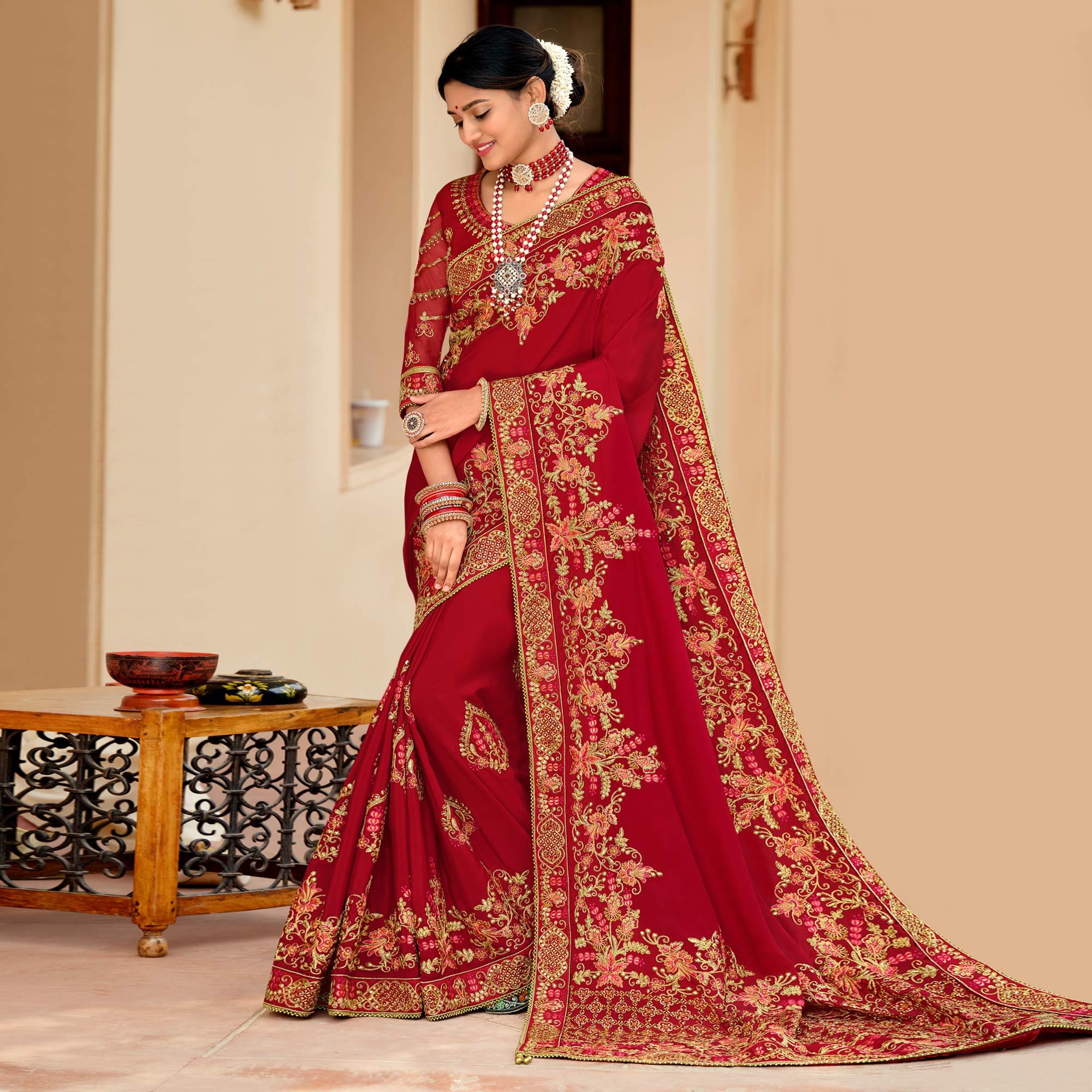 Red Embellished With Embroidered Vichitra Silk Saree With Tassels - Peachmode
