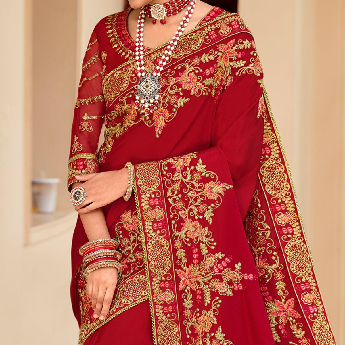 Red Embellished With Embroidered Vichitra Silk Saree With Tassels - Peachmode