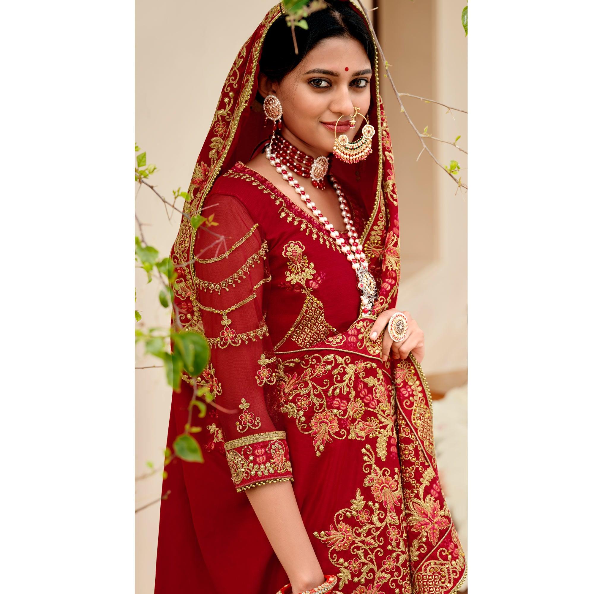 Red Embellished With Embroidered Vichitra Silk Saree With Tassels - Peachmode