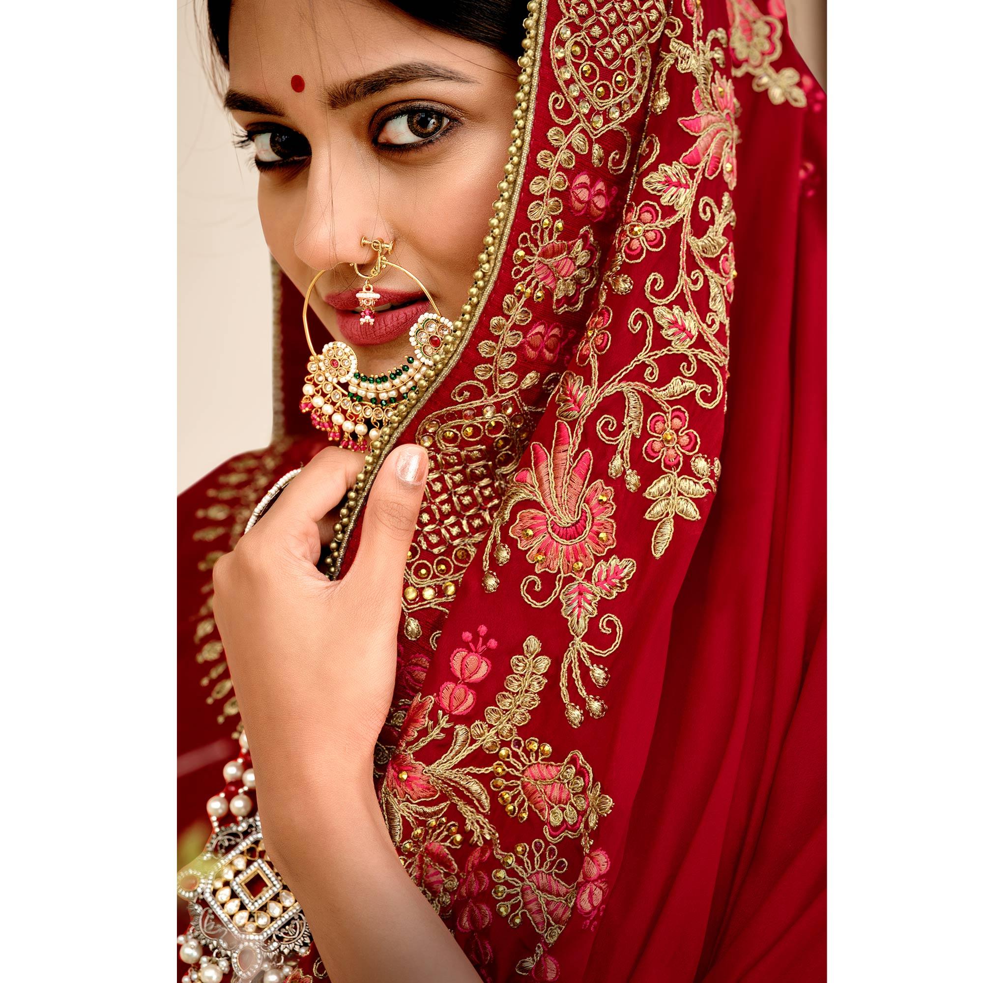 Red Embellished With Embroidered Vichitra Silk Saree With Tassels - Peachmode
