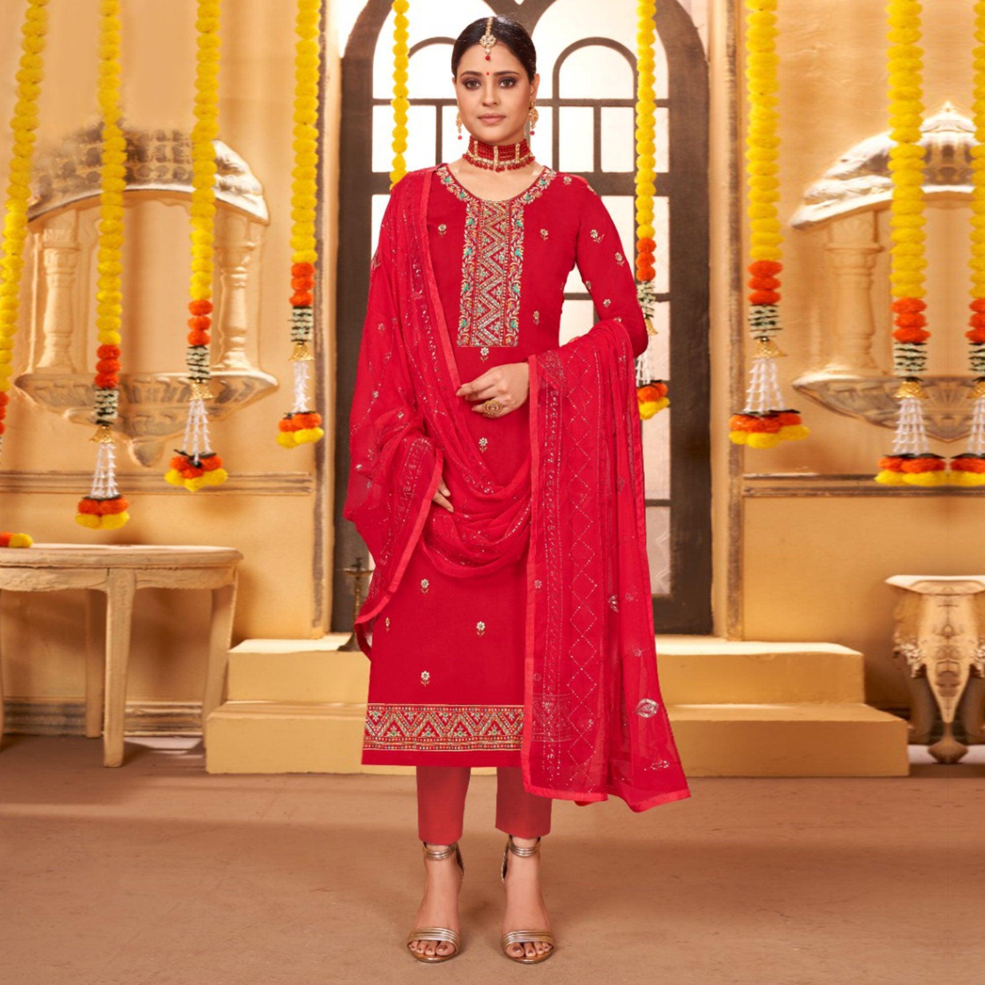 Red Embroidered Art Silk Salwar Suit - Peachmode
