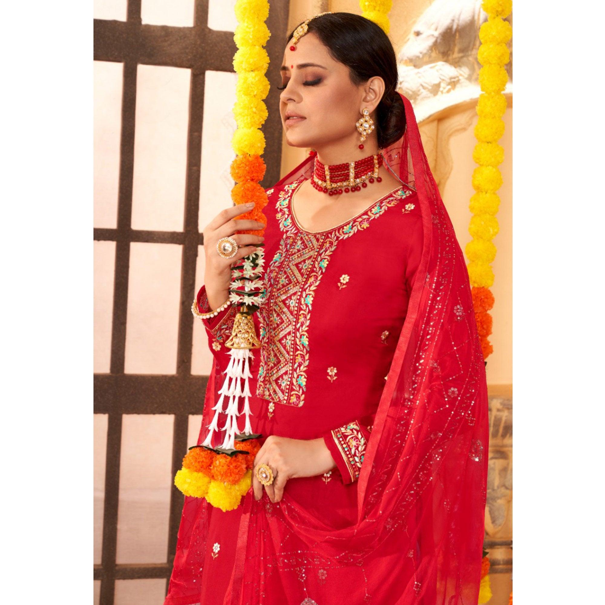 Red Embroidered Art Silk Salwar Suit - Peachmode