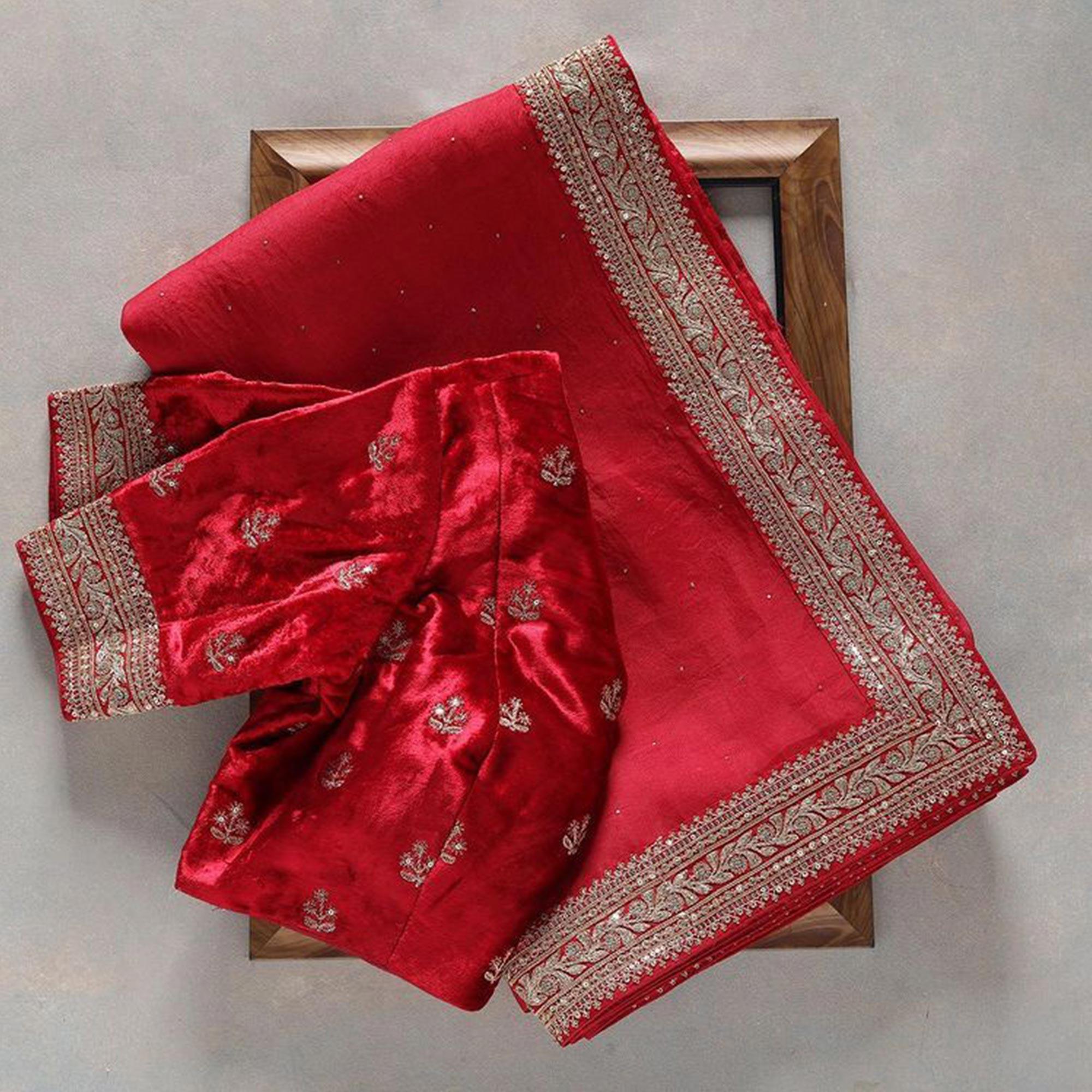 Red Embroidered Art Silk Saree - Peachmode
