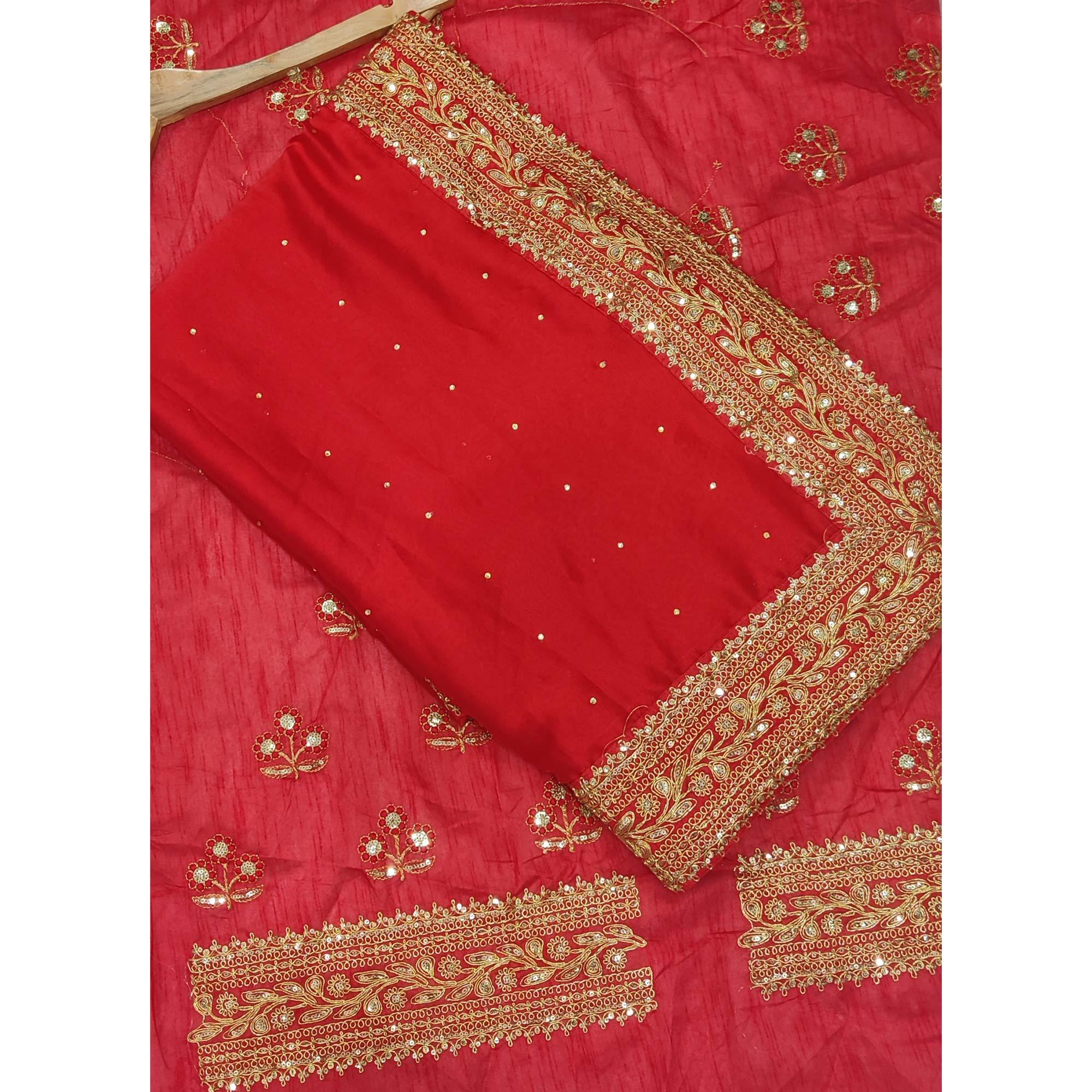 Red Embroidered Art Silk Saree - Peachmode