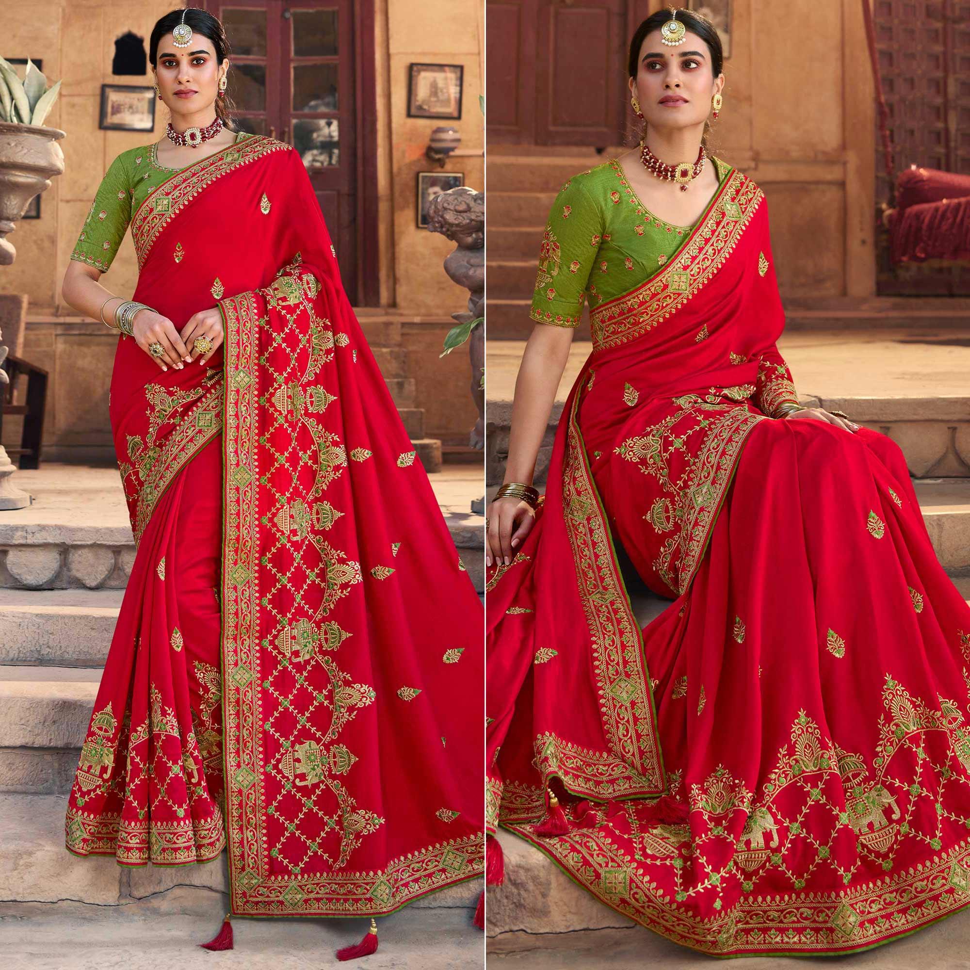 Red Embroidered Art Silk Saree With Tassels - Peachmode