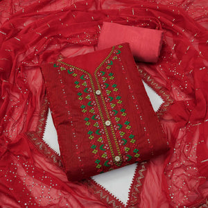 Red Embroidered Chanderi Dress Material - Peachmode